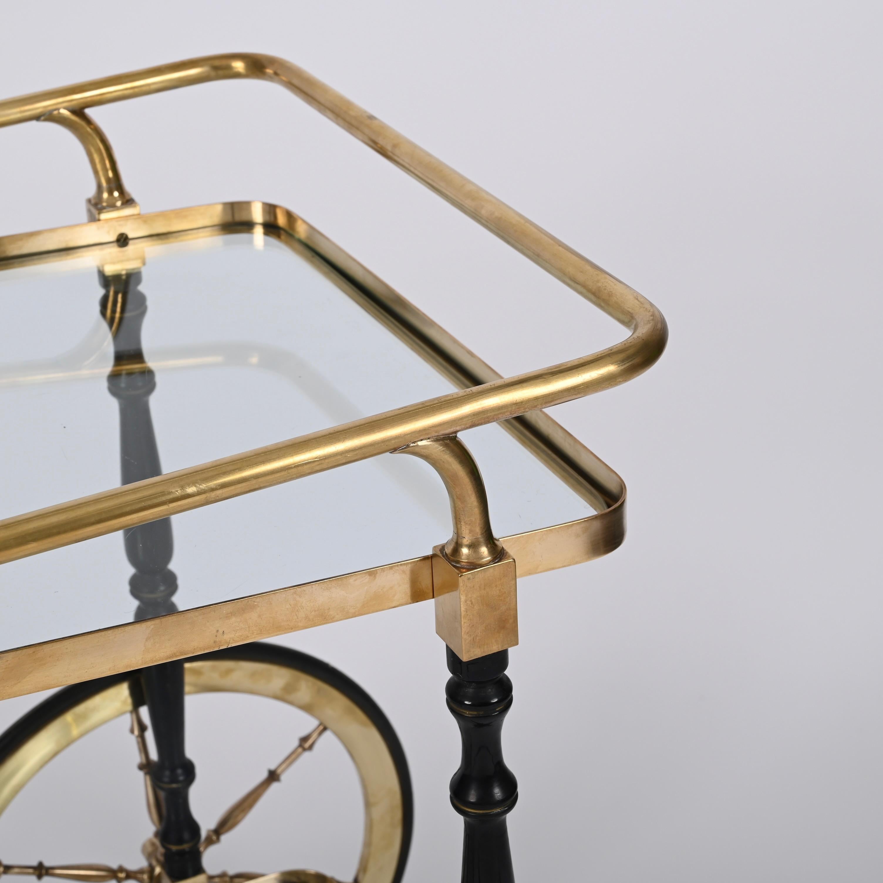 Midcentury Cesare Lacca Brass and Black Lacquer Wood Italian Bar Cart, 1950s For Sale 12