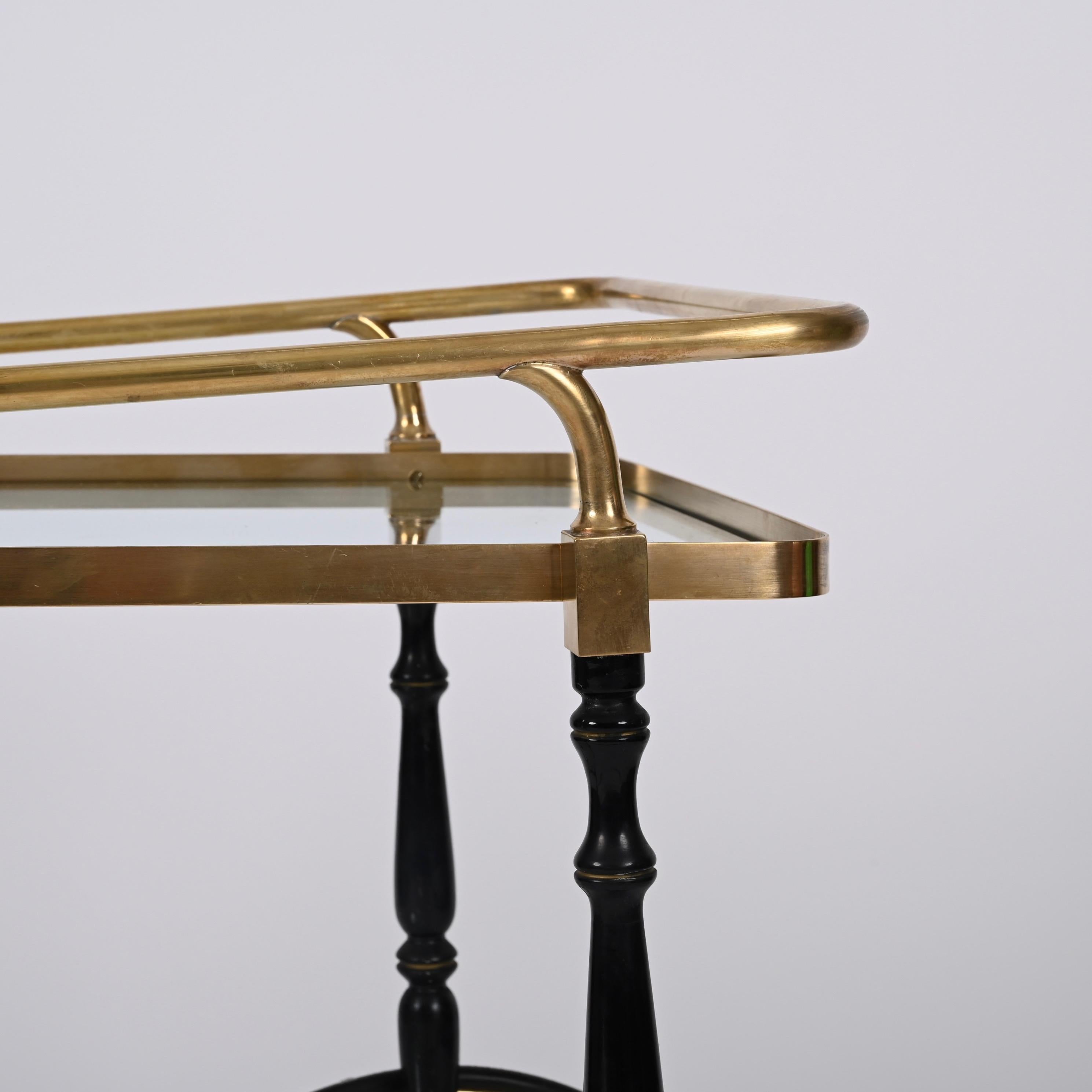 Midcentury Cesare Lacca Brass and Black Lacquer Wood Italian Bar Cart, 1950s For Sale 13