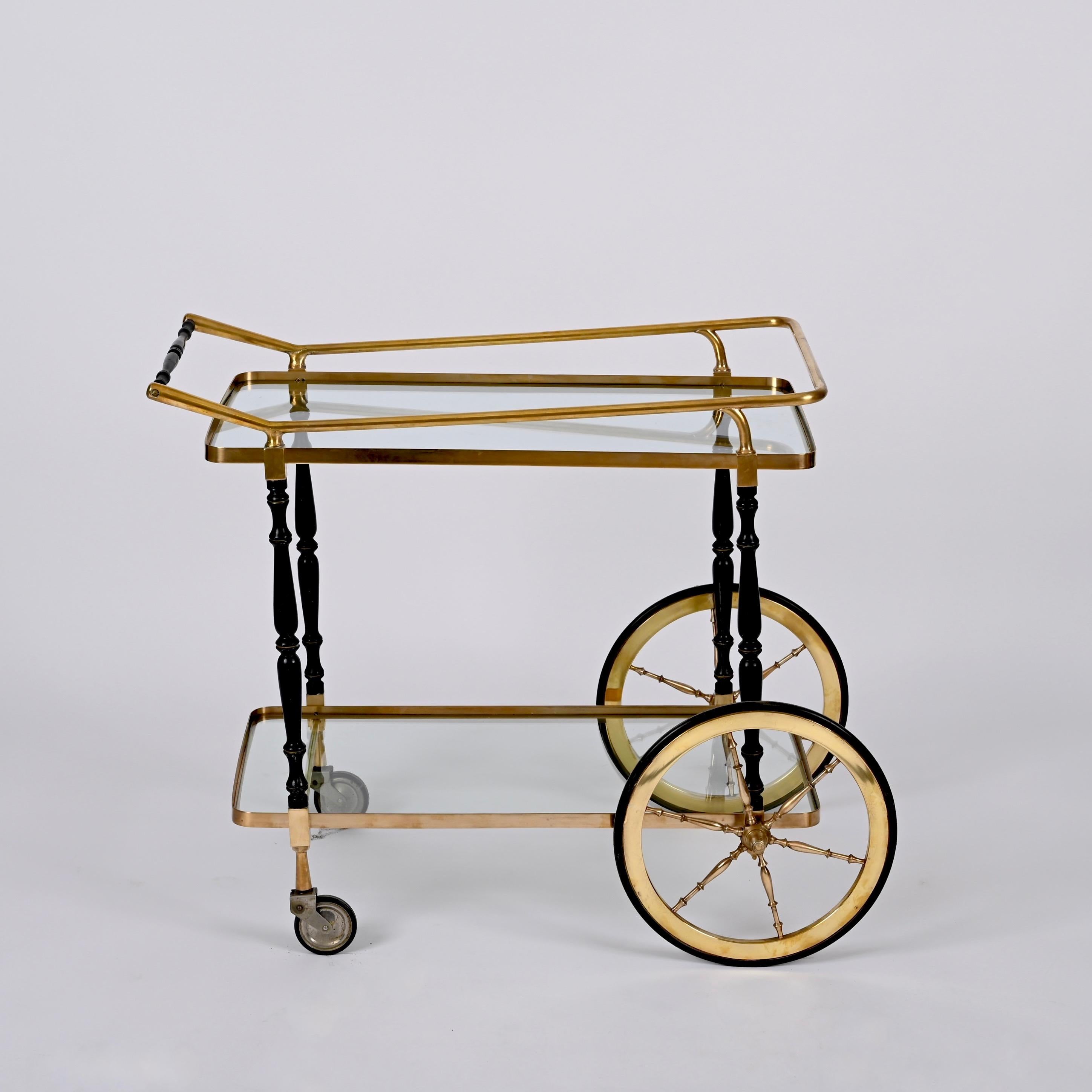 Mid-Century Modern Midcentury Cesare Lacca Brass and Black Lacquer Wood Italian Bar Cart, 1950s For Sale