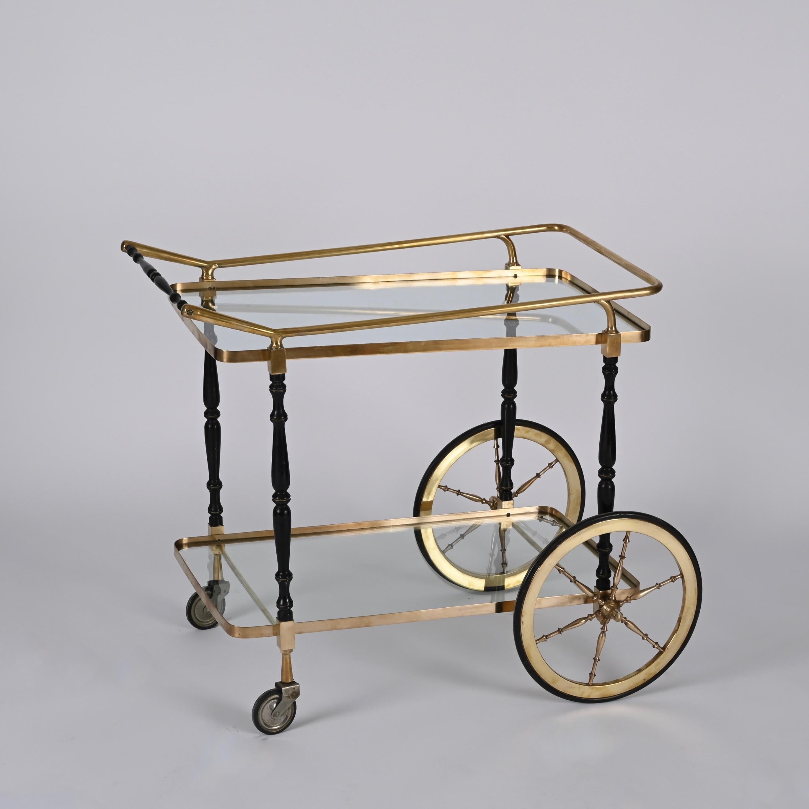 Lacquered Midcentury Cesare Lacca Brass and Black Lacquer Wood Italian Bar Cart, 1950s For Sale