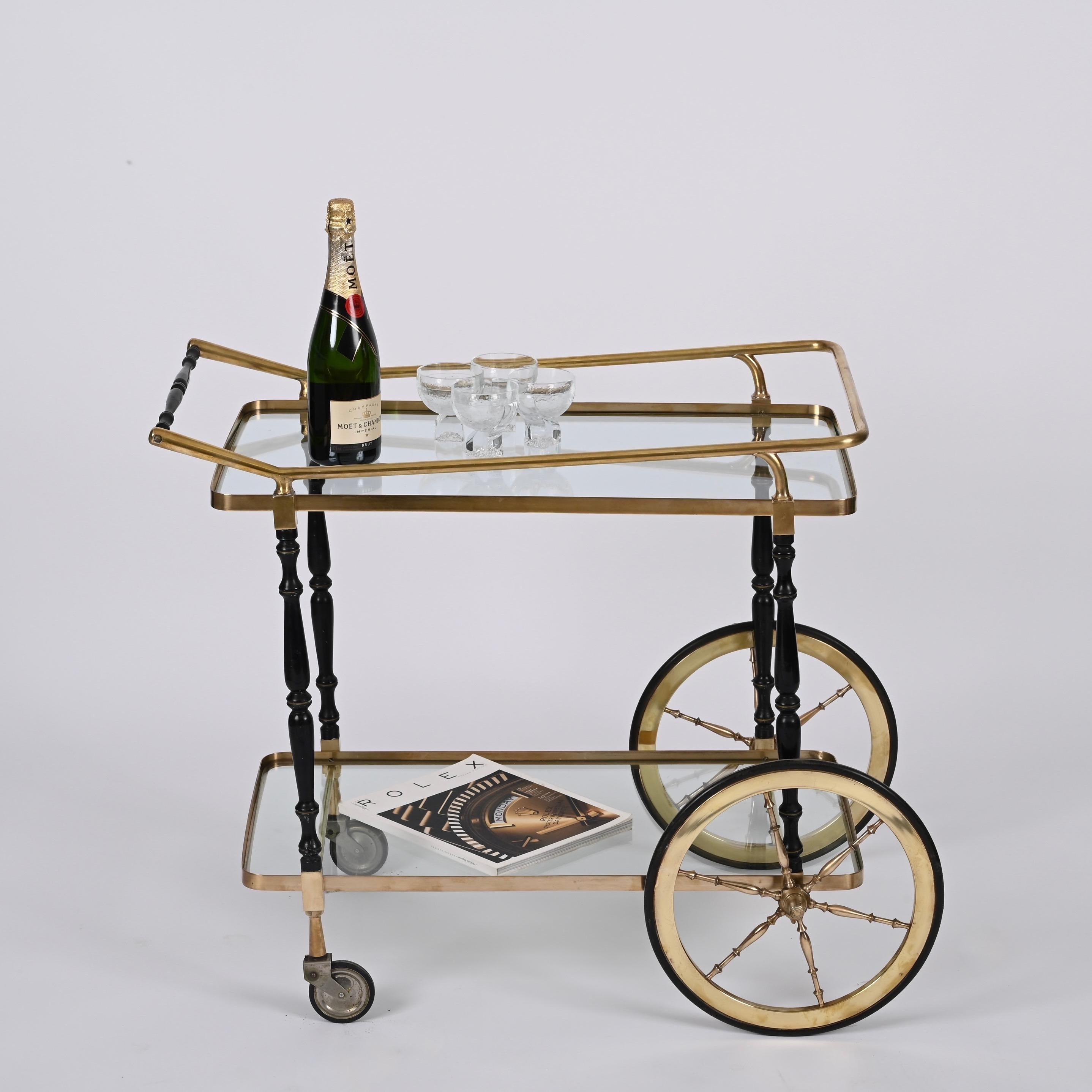 20th Century Midcentury Cesare Lacca Brass and Black Lacquer Wood Italian Bar Cart, 1950s For Sale