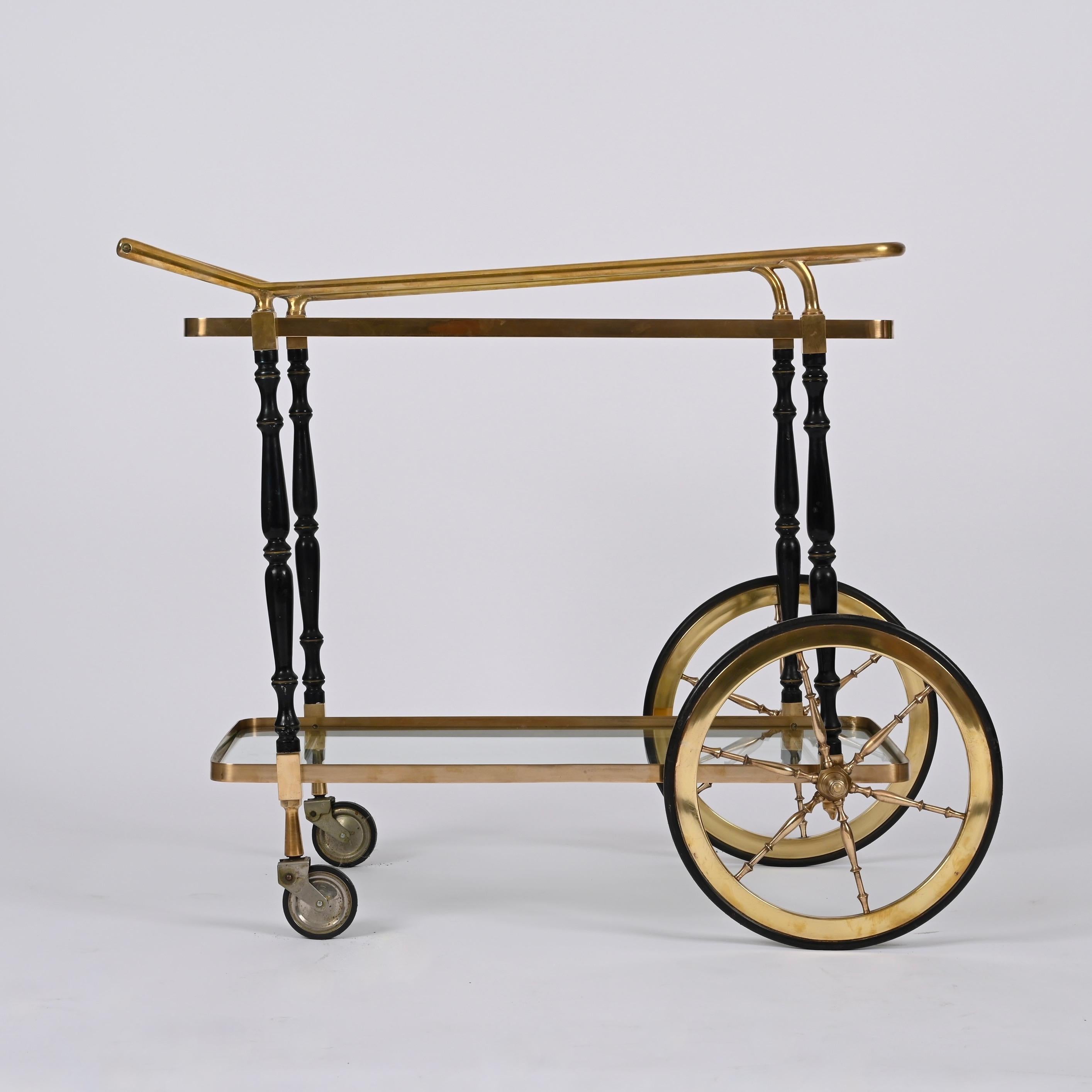 Midcentury Cesare Lacca Brass and Black Lacquer Wood Italian Bar Cart, 1950s For Sale 2