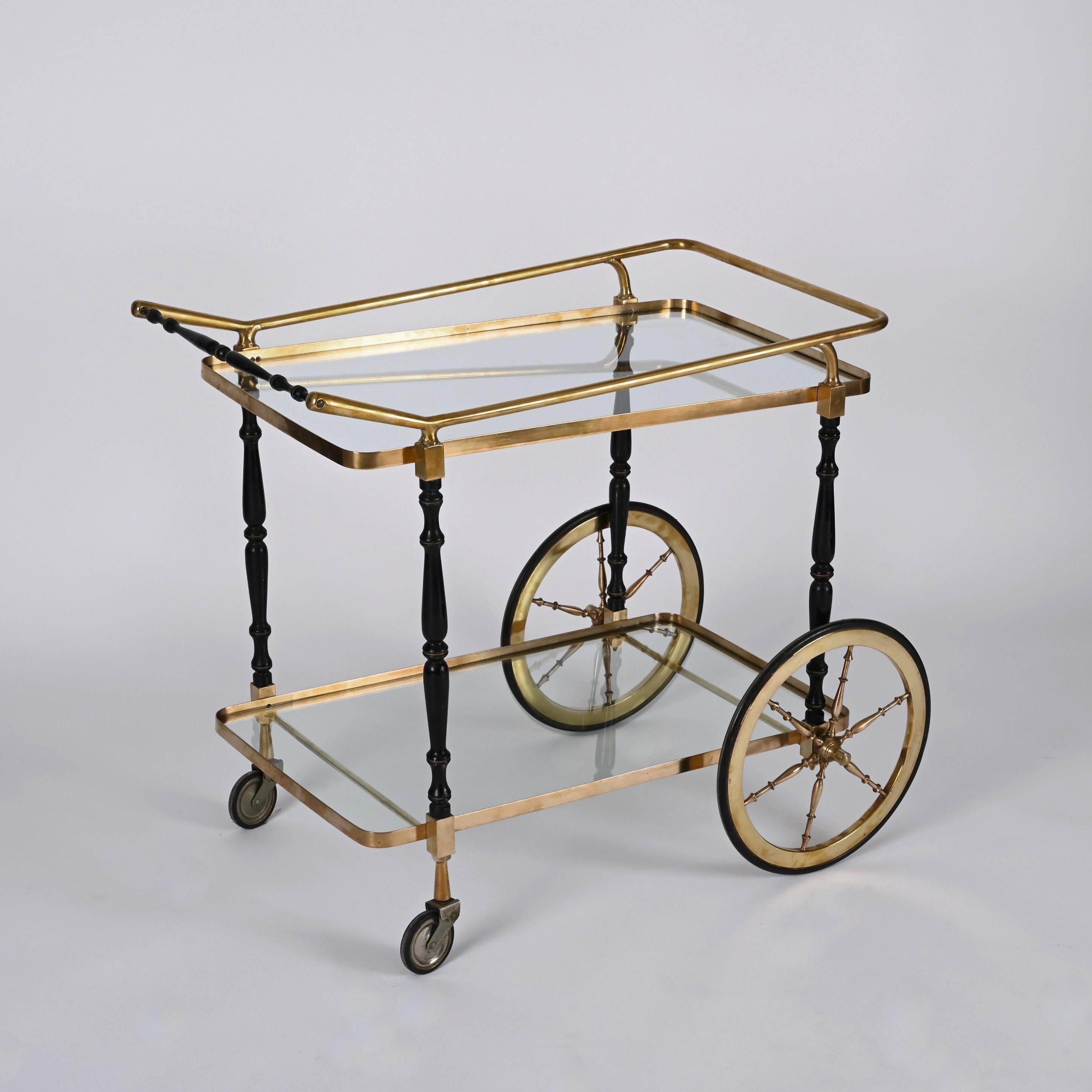 Midcentury Cesare Lacca Brass and Black Lacquer Wood Italian Bar Cart, 1950s For Sale 3