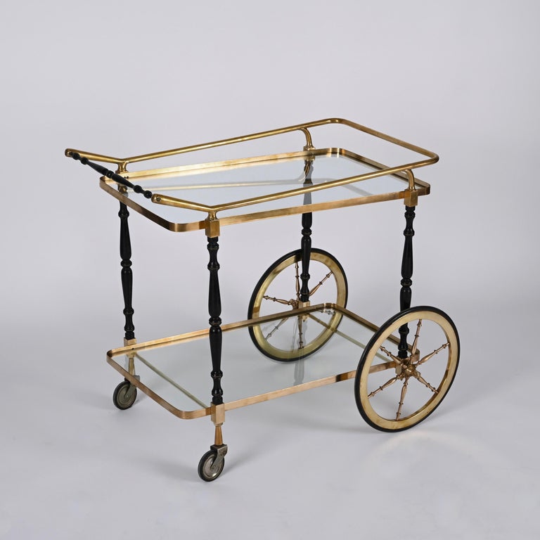 Midcentury Cesare Lacca Brass and Black Lacquer Wood Italian Bar Cart