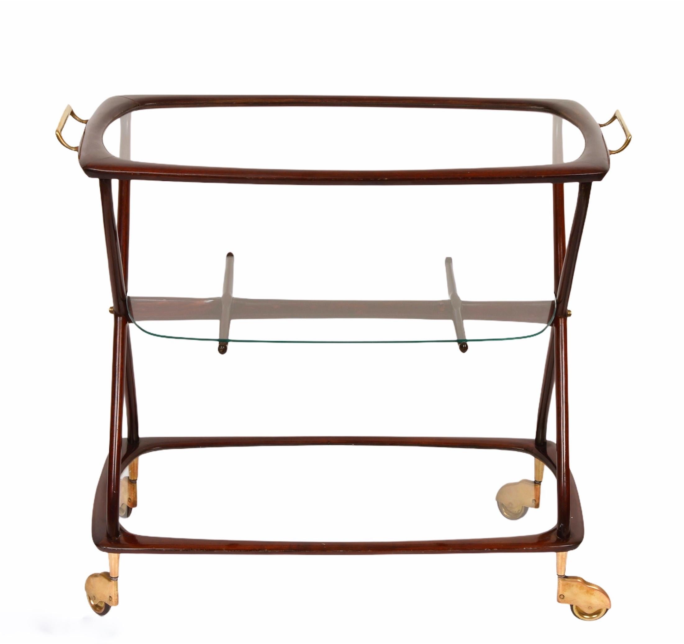 Midcentury Cesare Lacca Brass and Wood Italian Oval Serivng  Bar Cart, 1950s 5