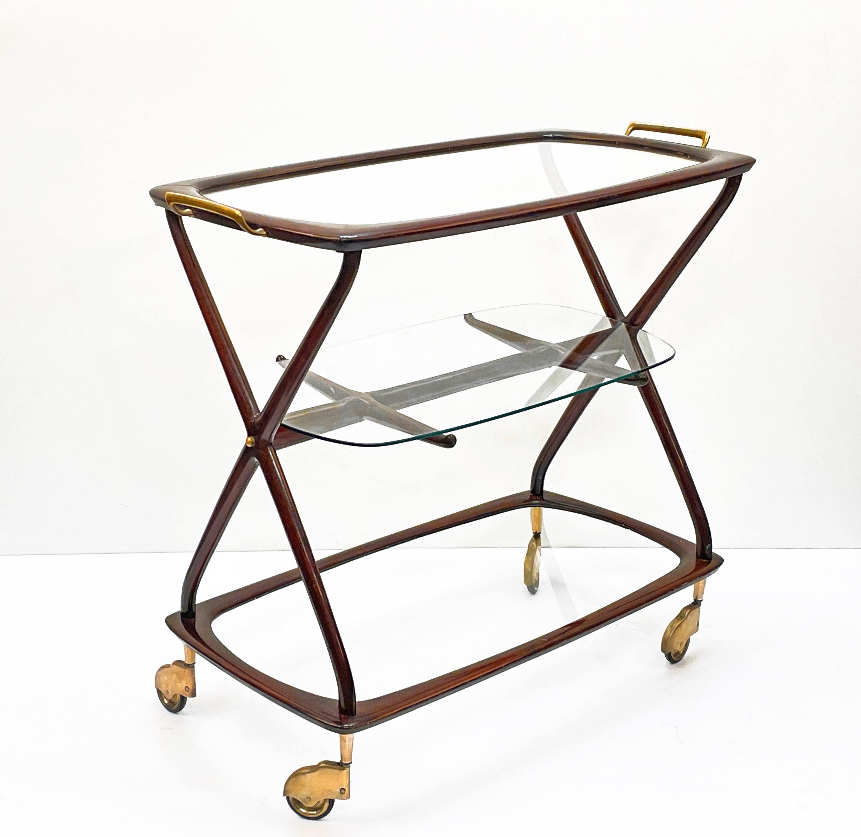 Midcentury Cesare Lacca Brass and Wood Italian Oval Serivng  Bar Cart, 1950s 6