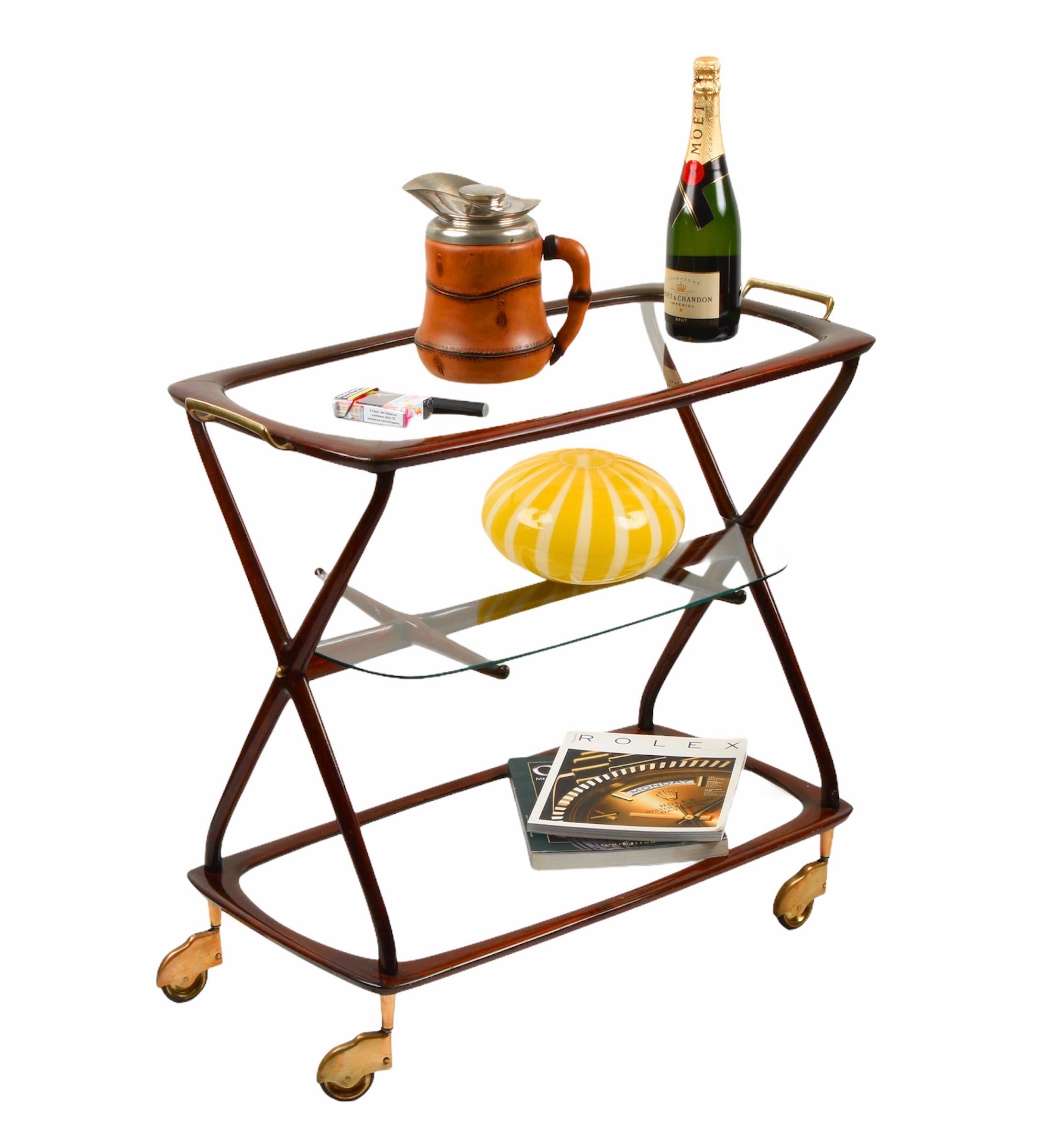 Midcentury Cesare Lacca Brass and Wood Italian Oval Serivng  Bar Cart, 1950s 7