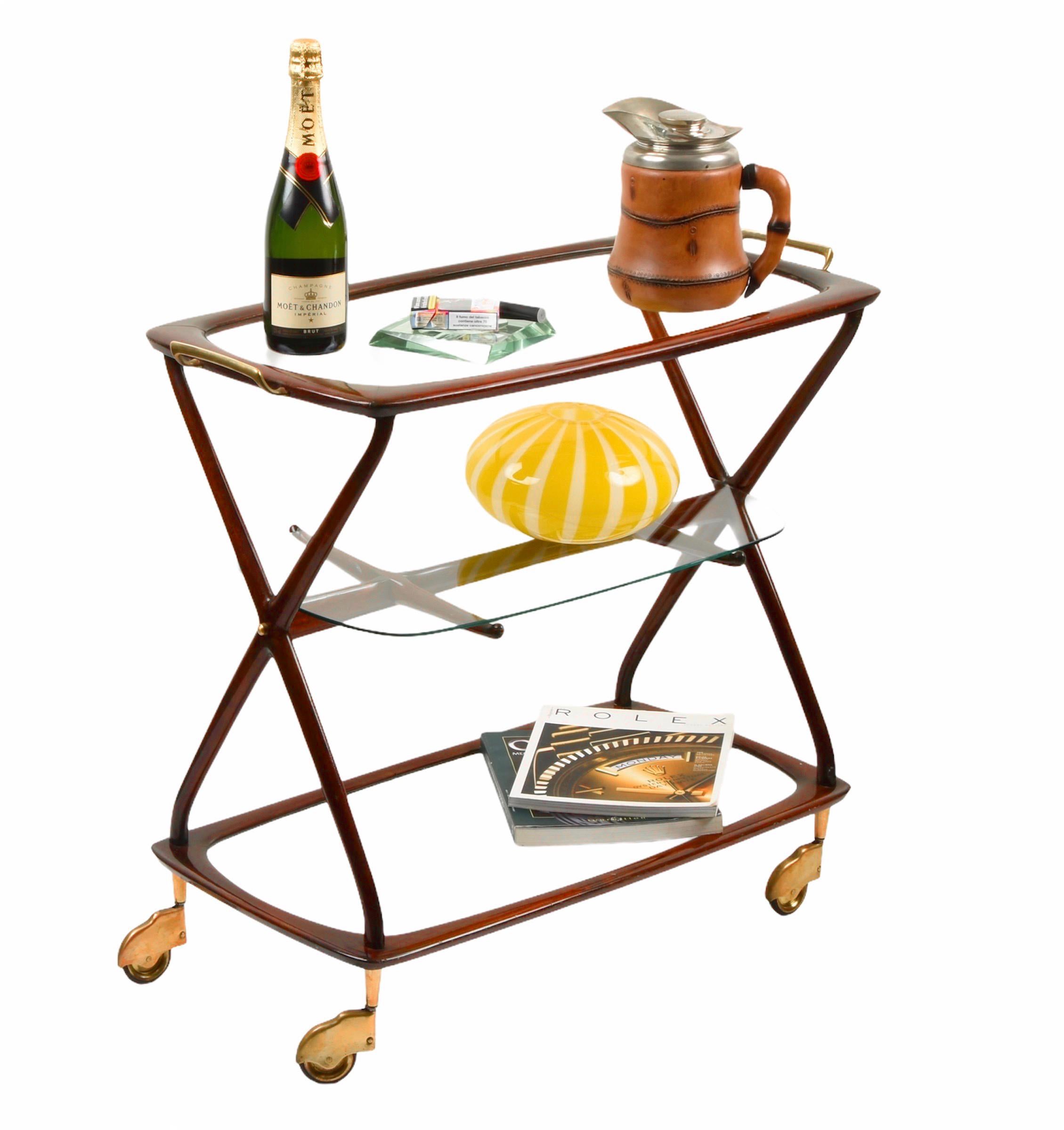 Midcentury Cesare Lacca Brass and Wood Italian Oval Serivng  Bar Cart, 1950s 8