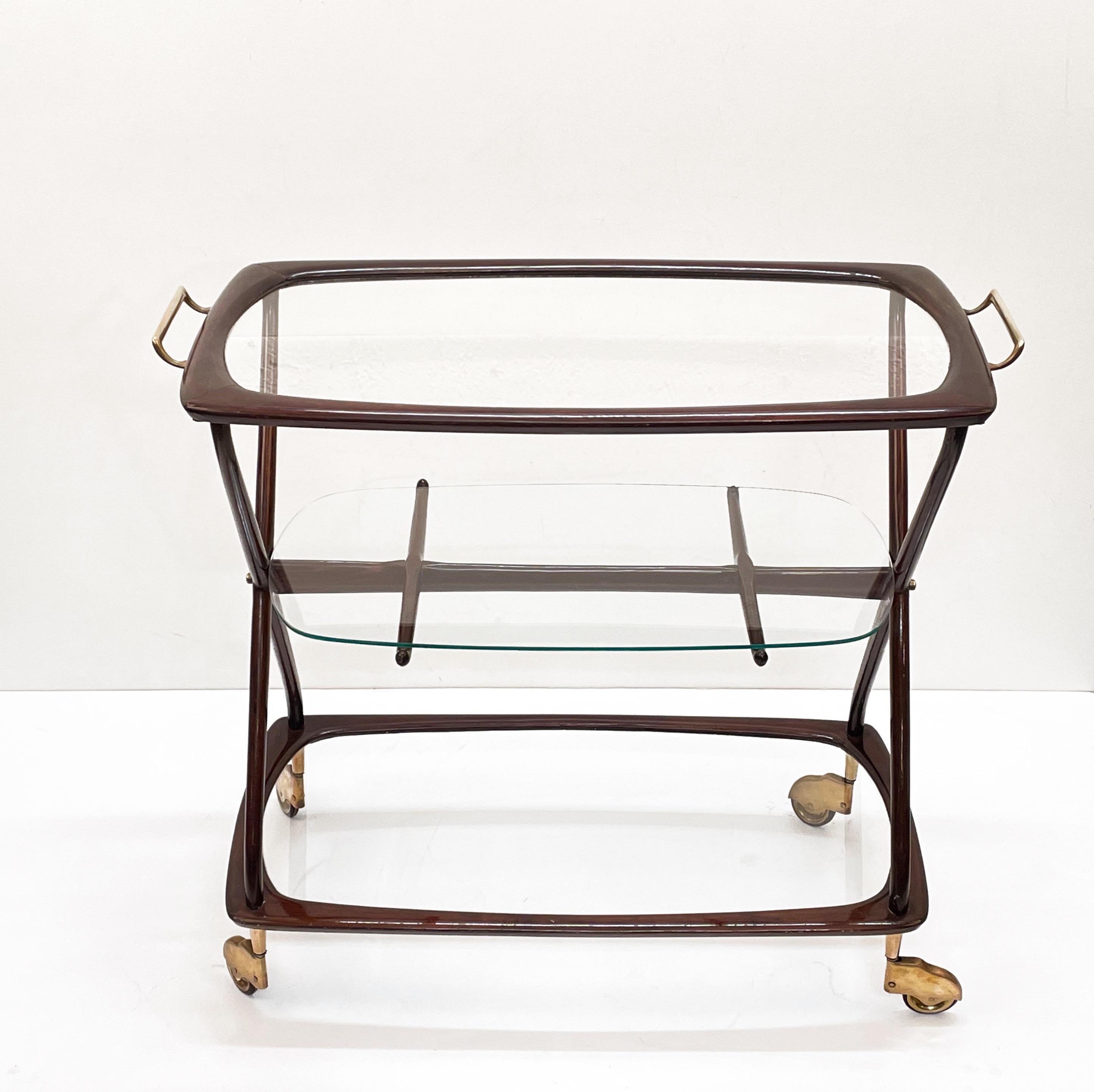 Midcentury Cesare Lacca Brass and Wood Italian Oval Serivng  Bar Cart, 1950s 1