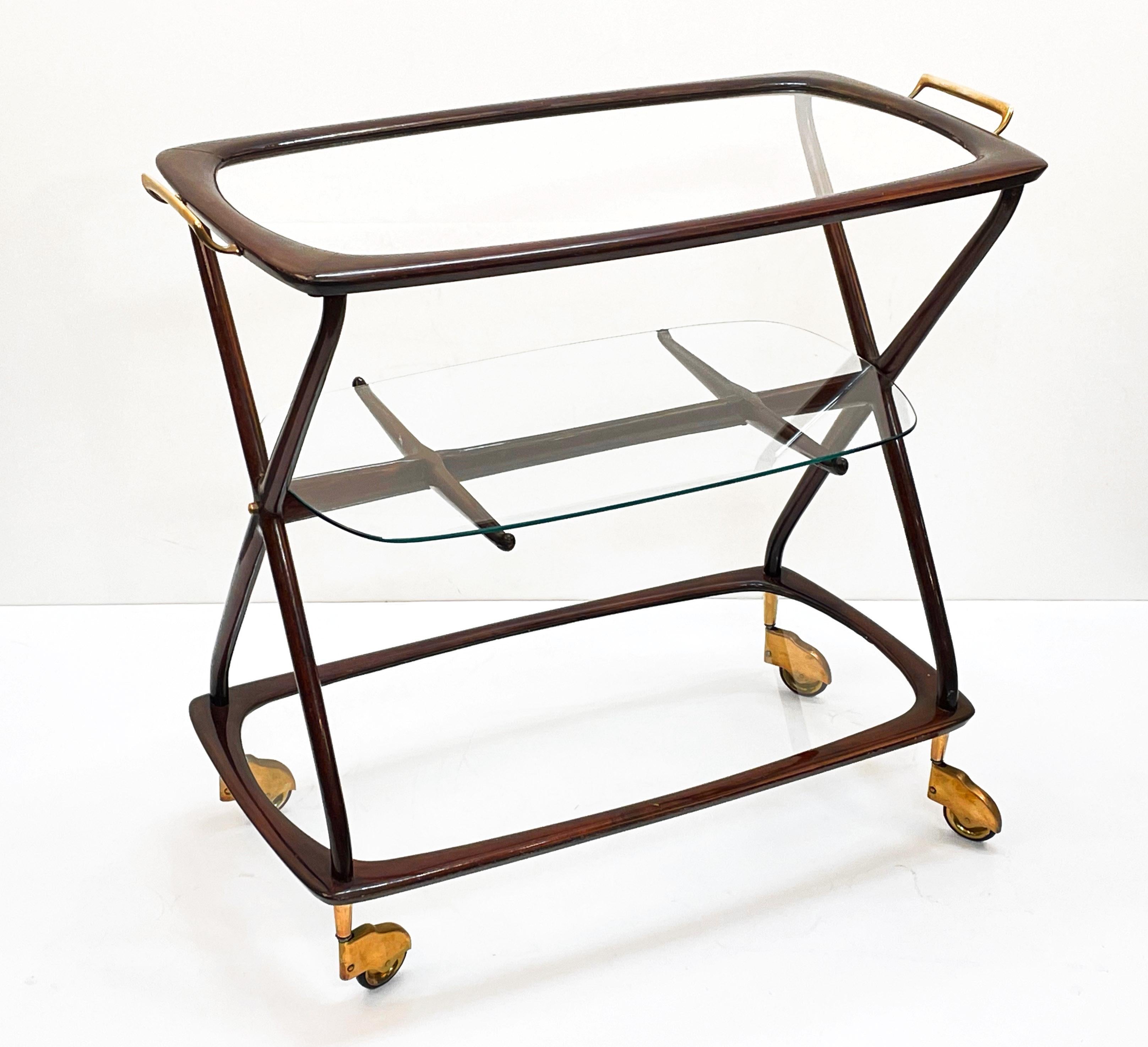 Midcentury Cesare Lacca Brass and Wood Italian Oval Serivng  Bar Cart, 1950s 2