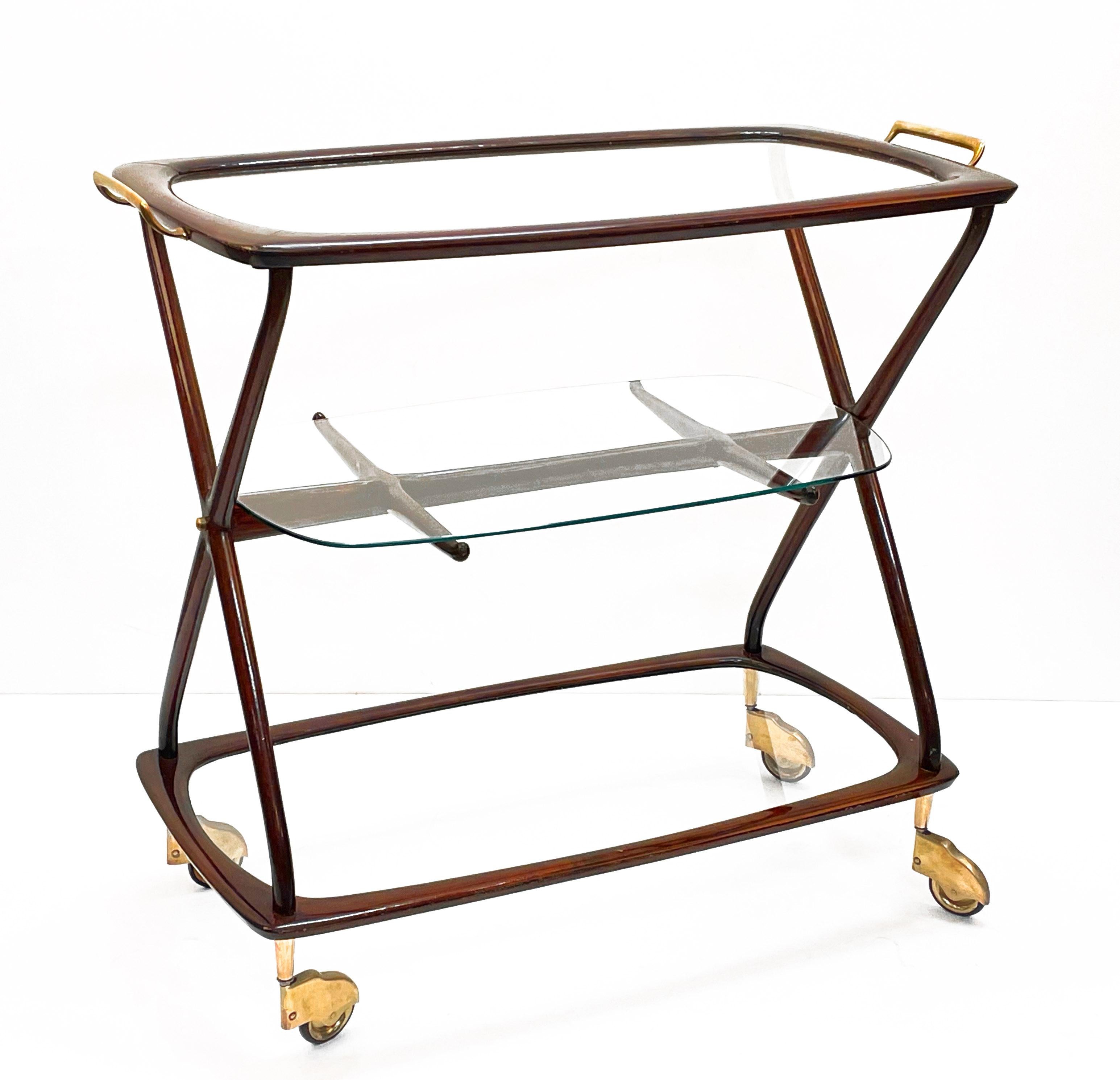 Midcentury Cesare Lacca Brass and Wood Italian Oval Serivng  Bar Cart, 1950s 3