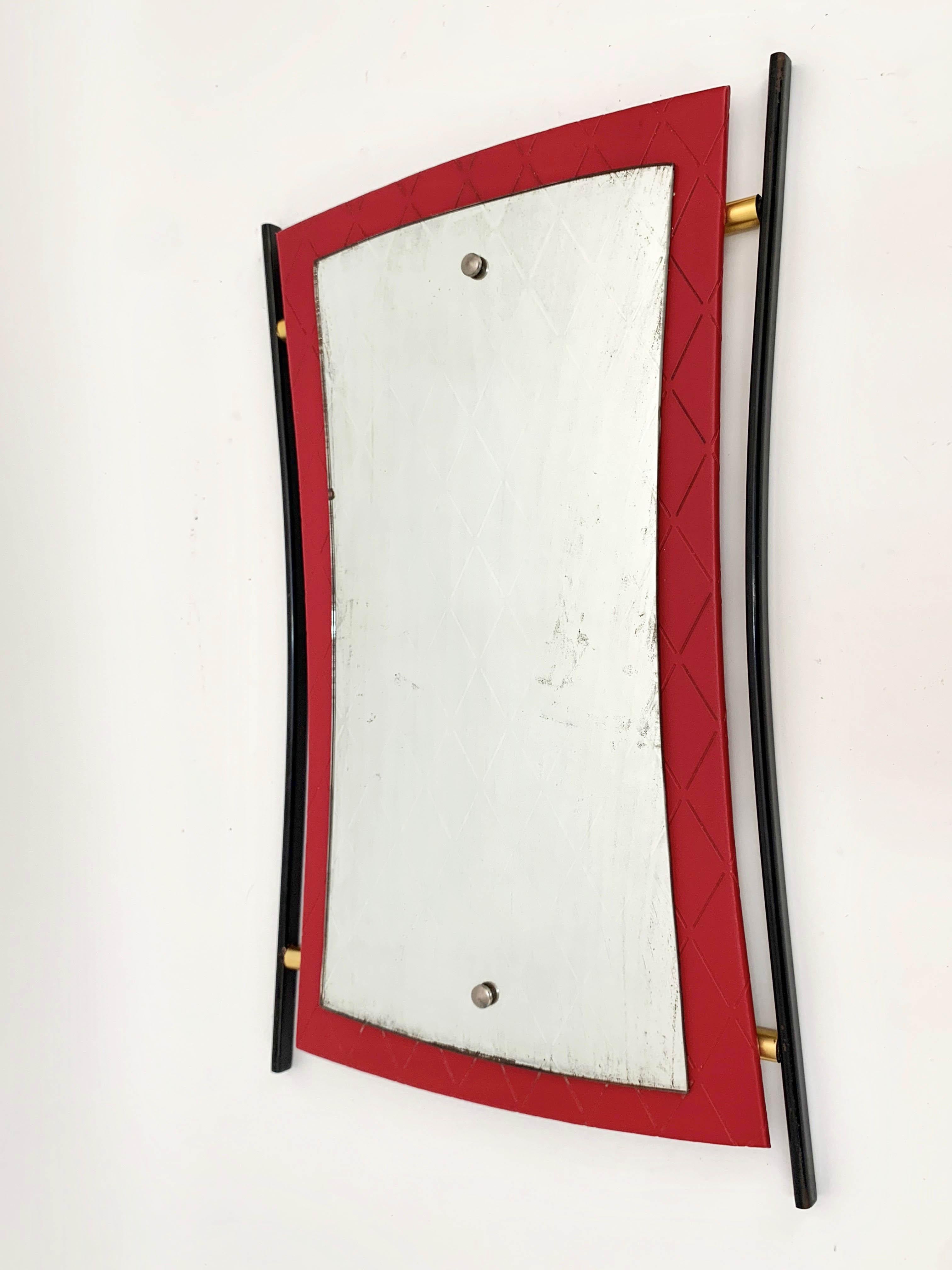 Midcentury Cesare Lacca Enameled Iron, Wood and Brass Italian Wall Mirror, 1950s For Sale 3