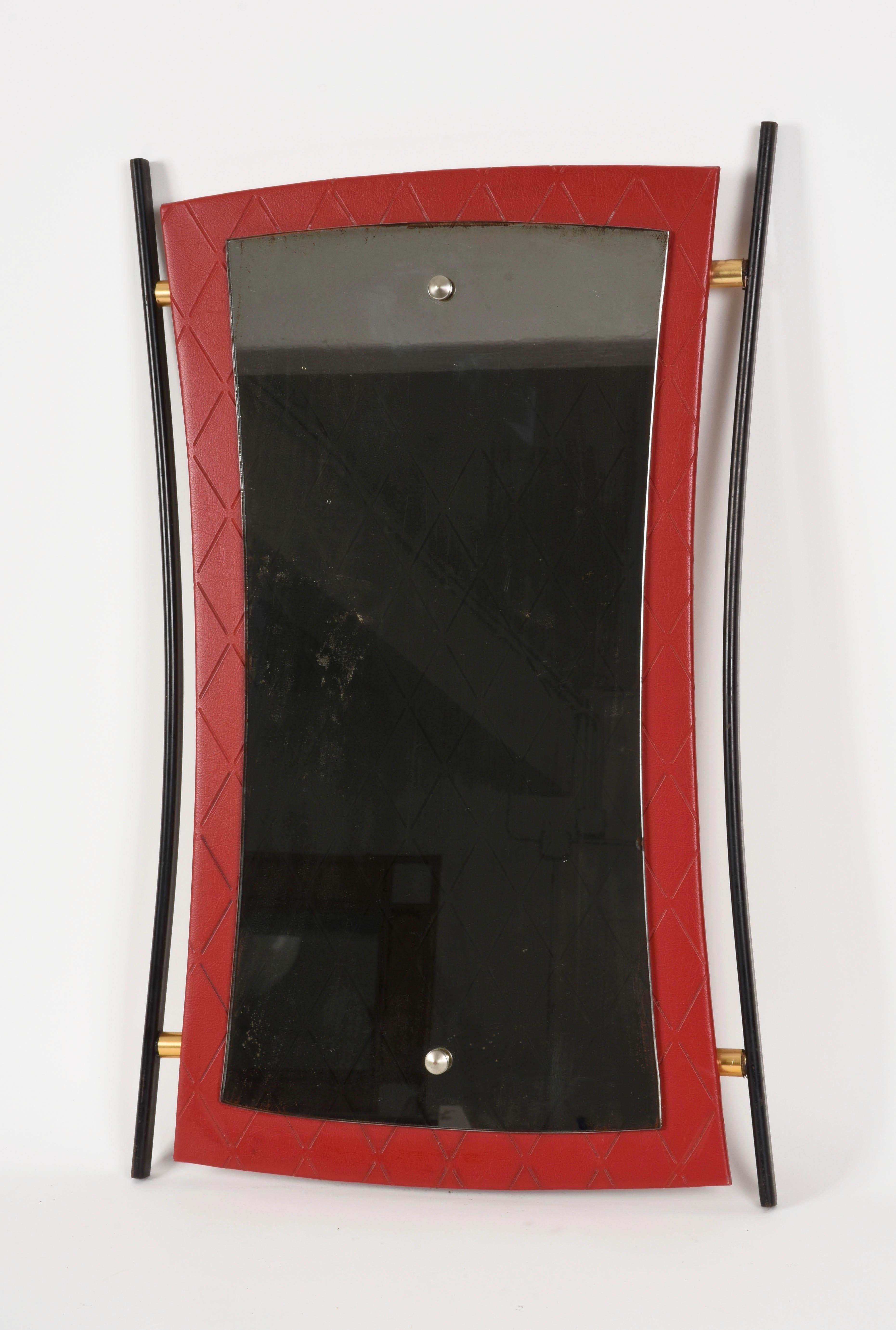 Lacquered Midcentury Cesare Lacca Enameled Iron, Wood and Brass Italian Wall Mirror, 1950s For Sale