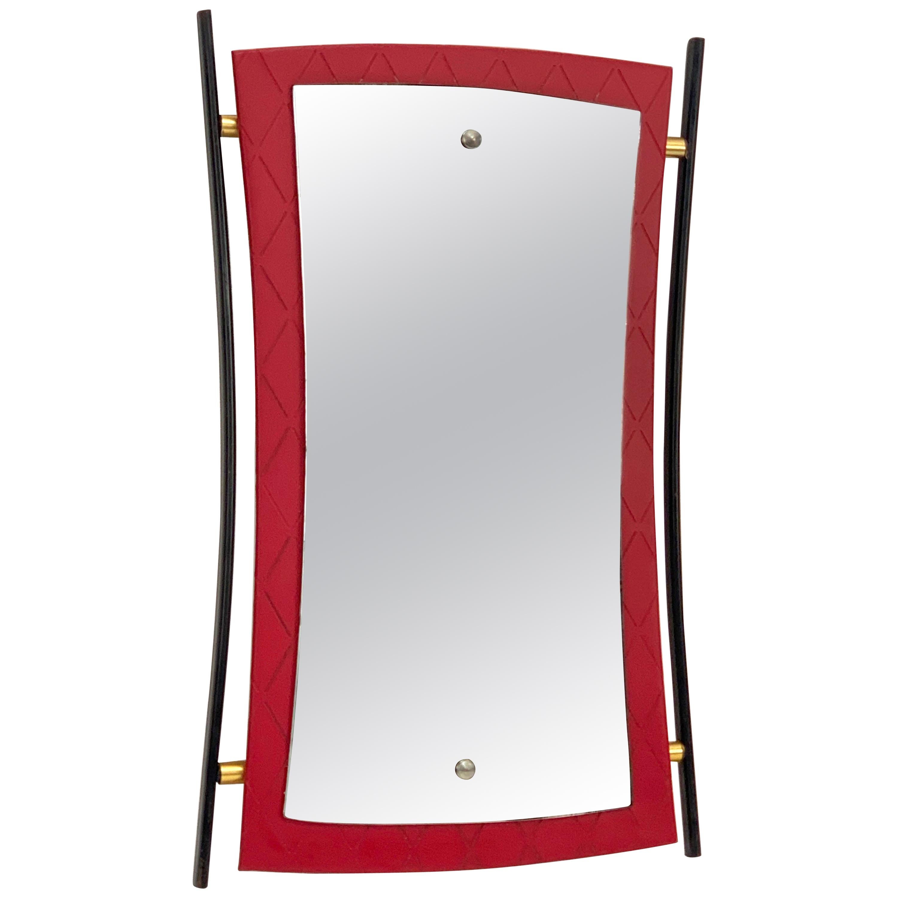Midcentury Cesare Lacca Enameled Iron, Wood and Brass Italian Wall Mirror, 1950s For Sale