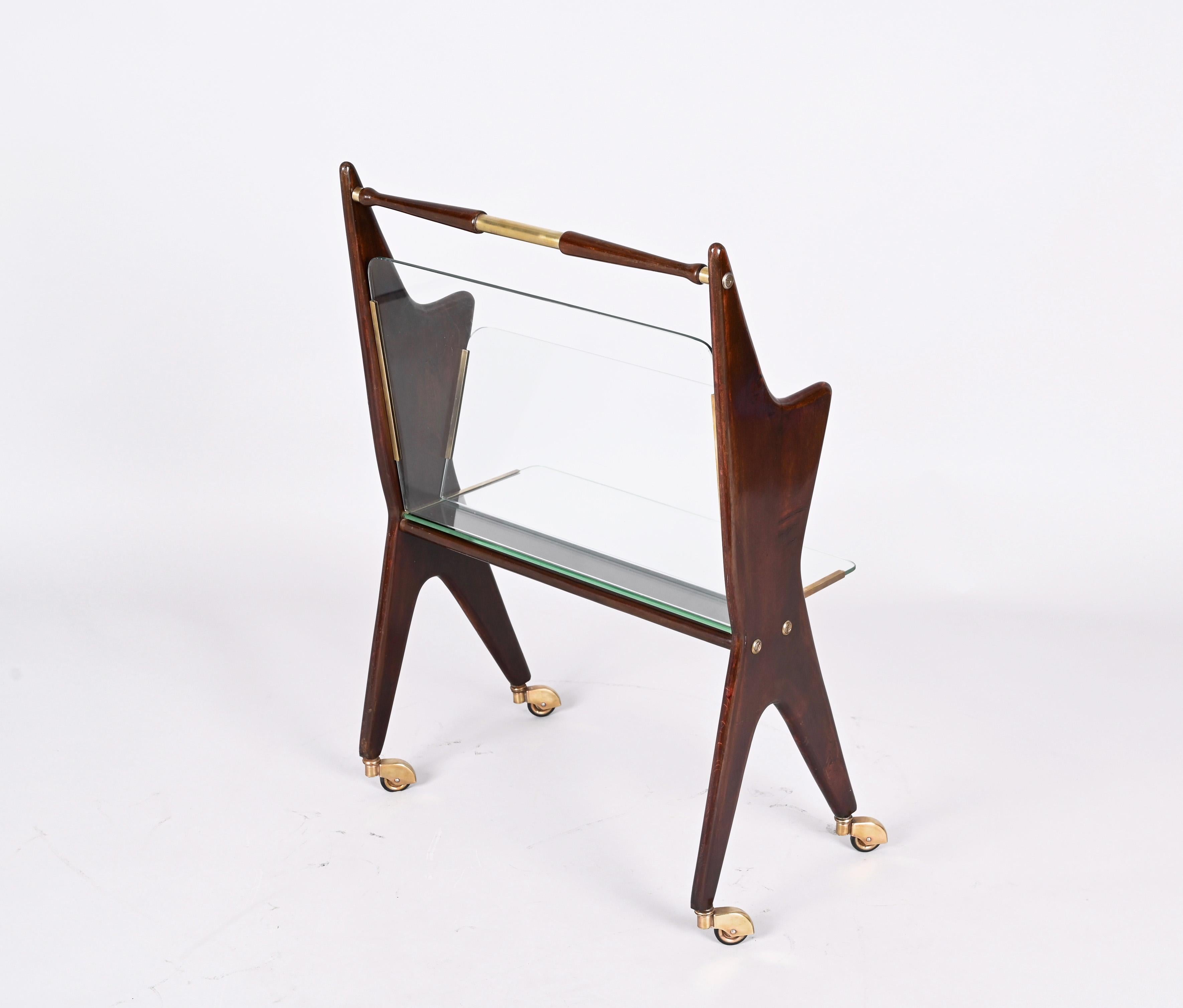 Midcentury Cesare Lacca Glass and Wood Italian Magazine Rack with Wheels, 1950s 4