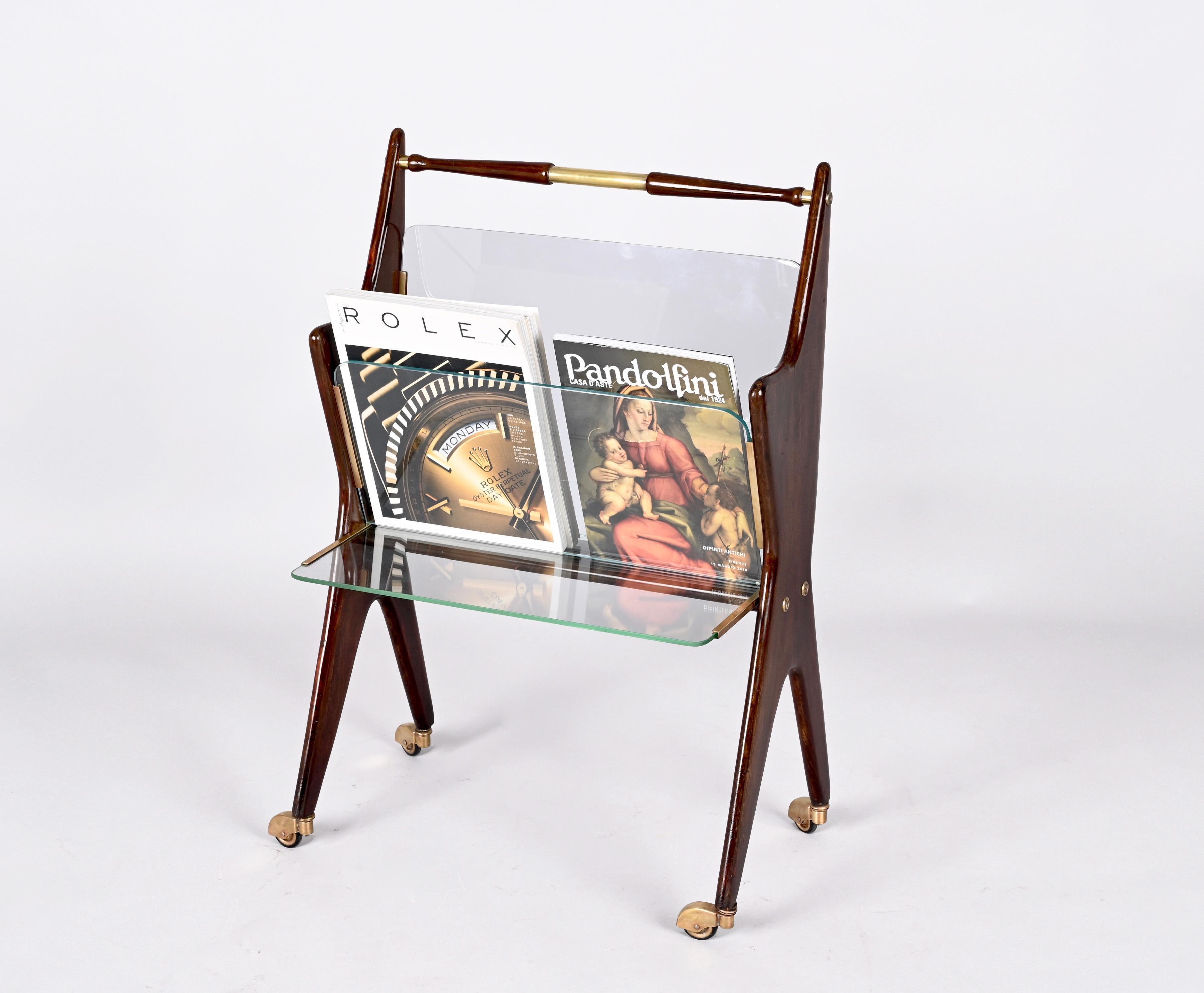 Midcentury Cesare Lacca Glass and Wood Italian Magazine Rack with Wheels, 1950s 6