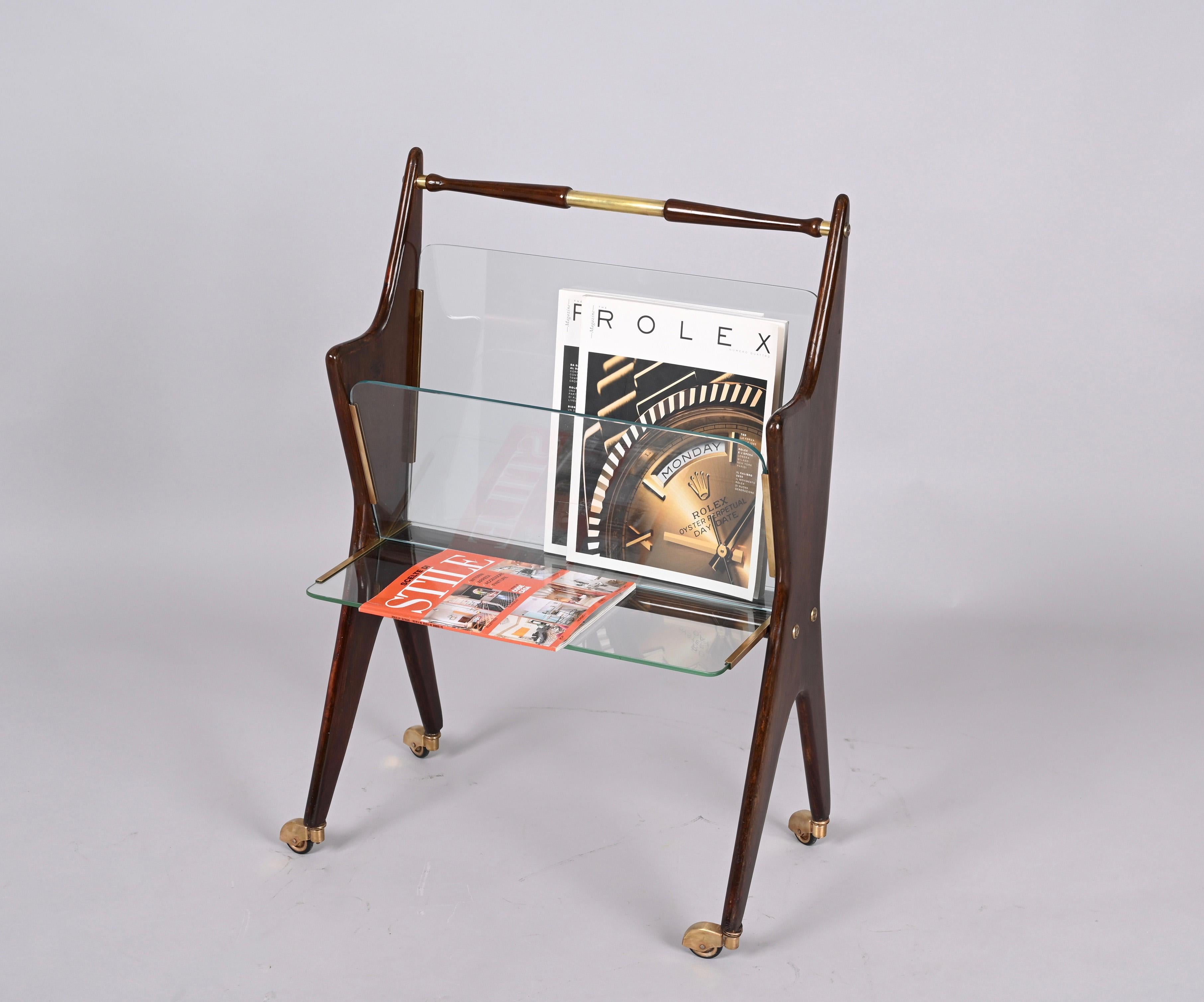 Midcentury Cesare Lacca Glass and Wood Italian Magazine Rack with Wheels, 1950s 7