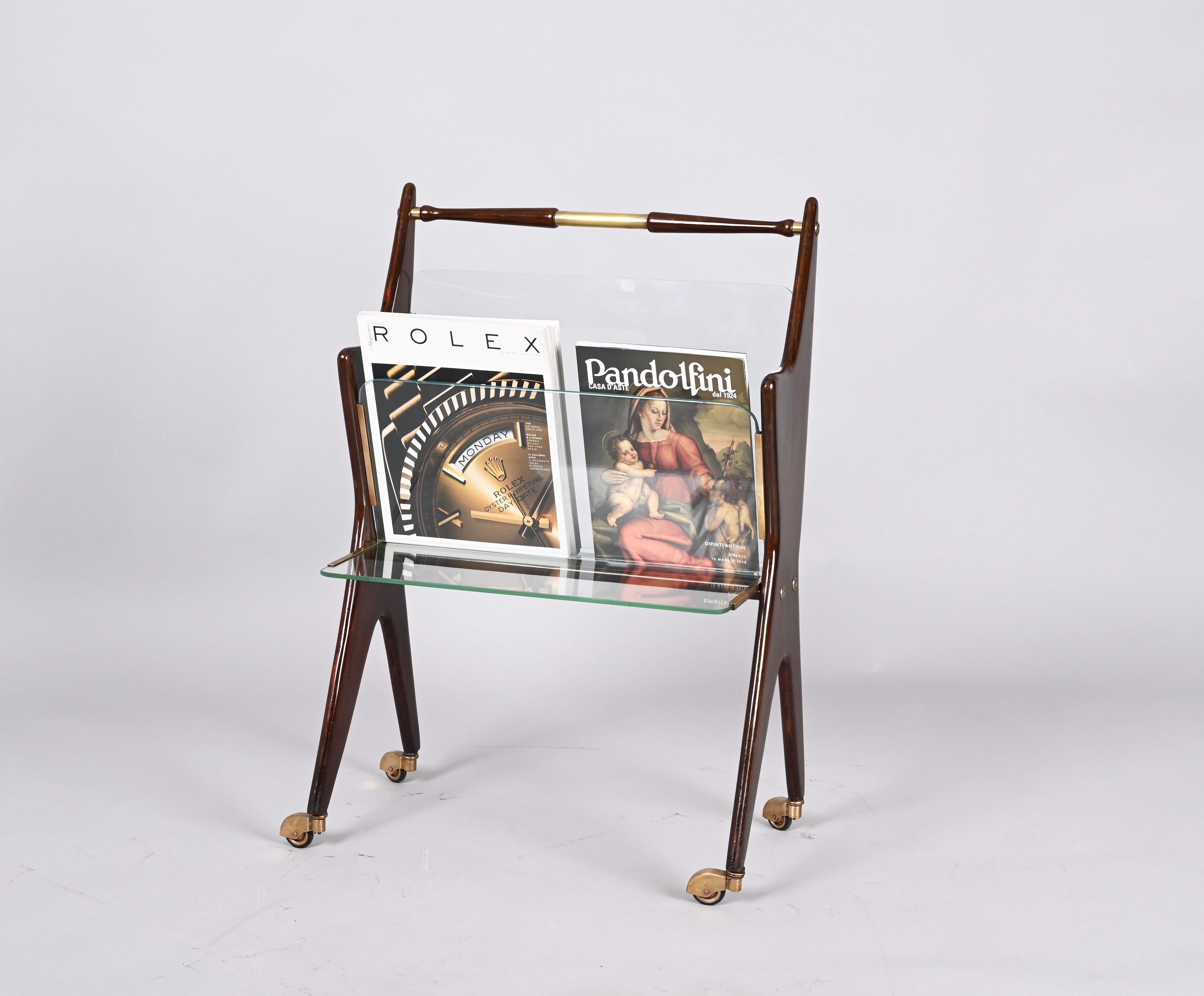 Midcentury Cesare Lacca Glass and Wood Italian Magazine Rack with Wheels, 1950s 8