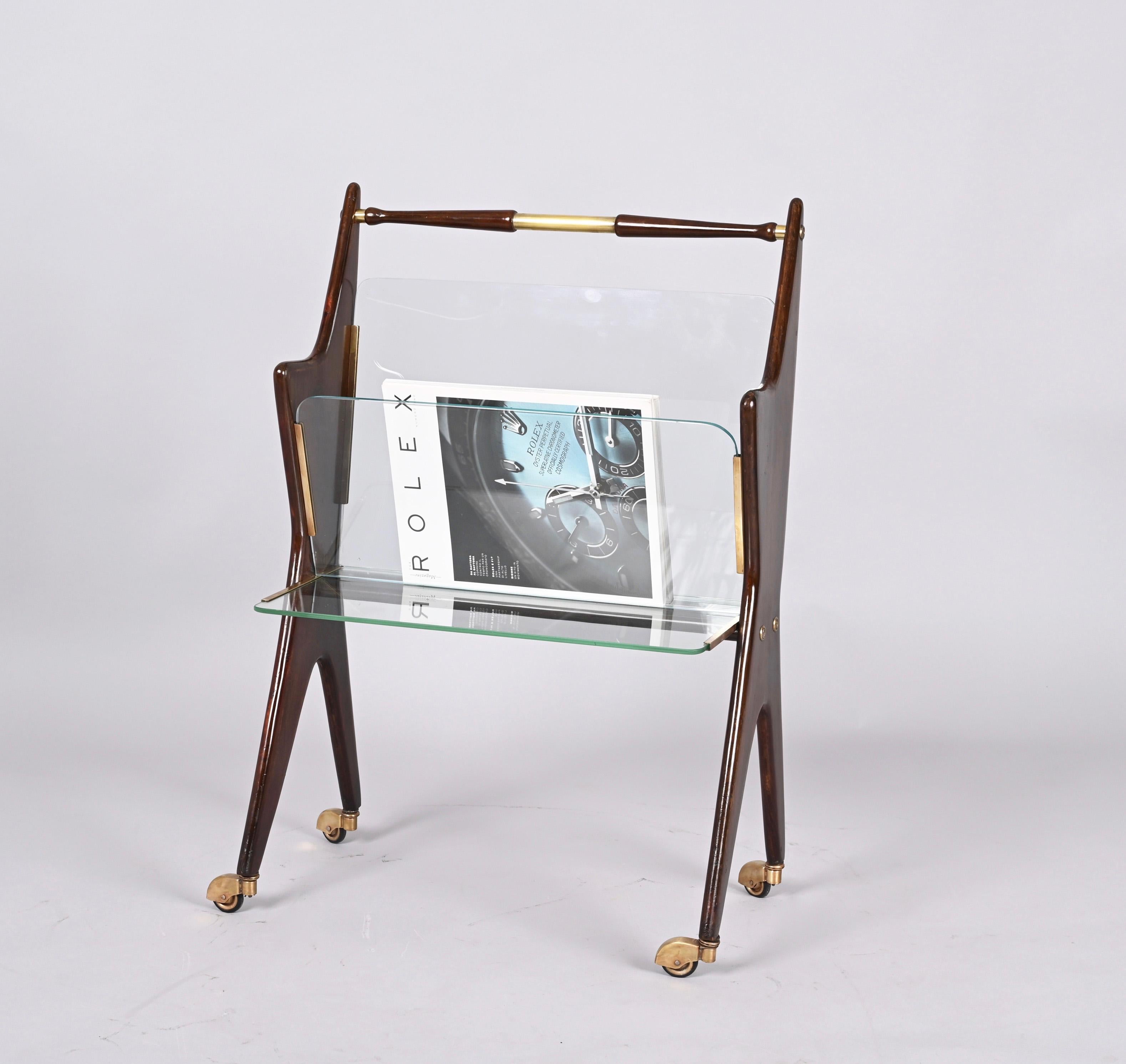 Midcentury Cesare Lacca Glass and Wood Italian Magazine Rack with Wheels, 1950s 9