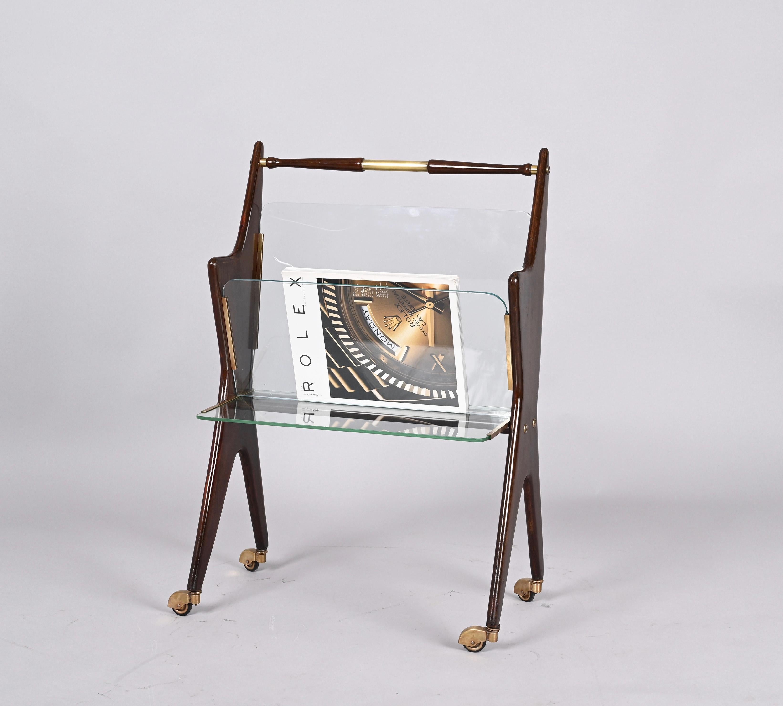 Midcentury Cesare Lacca Glass and Wood Italian Magazine Rack with Wheels, 1950s 10