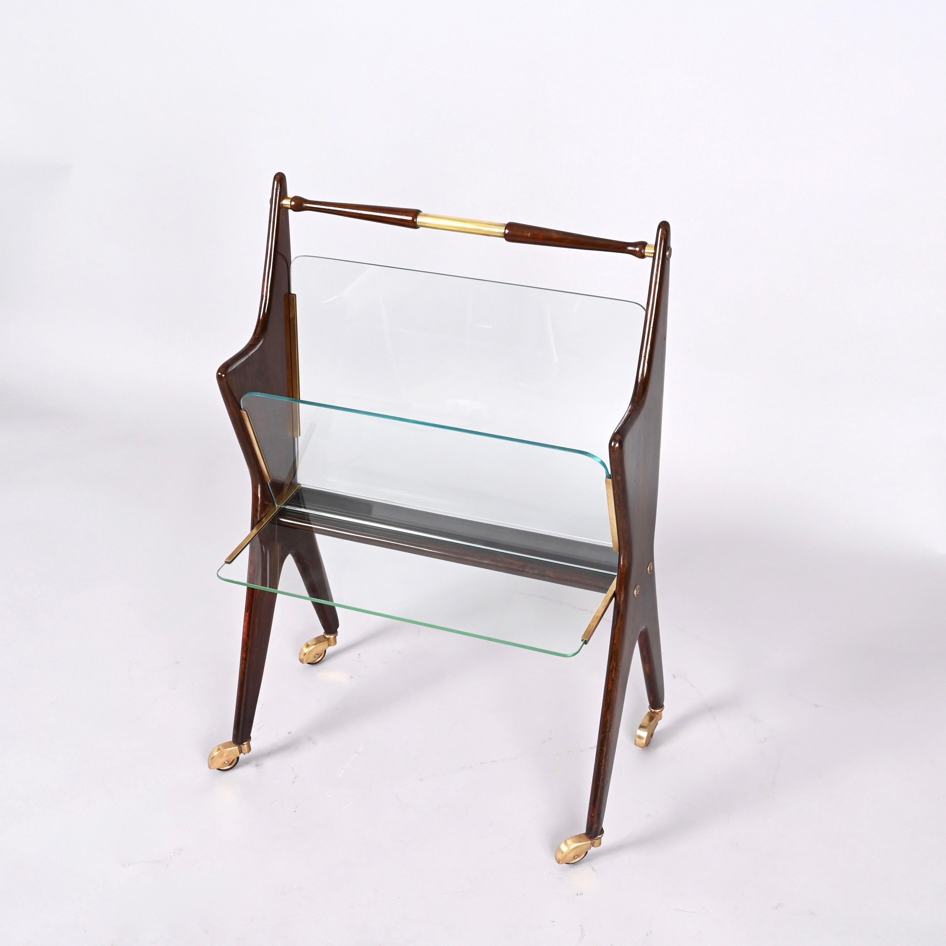 Midcentury Cesare Lacca Glass and Wood Italian Magazine Rack with Wheels, 1950s 1