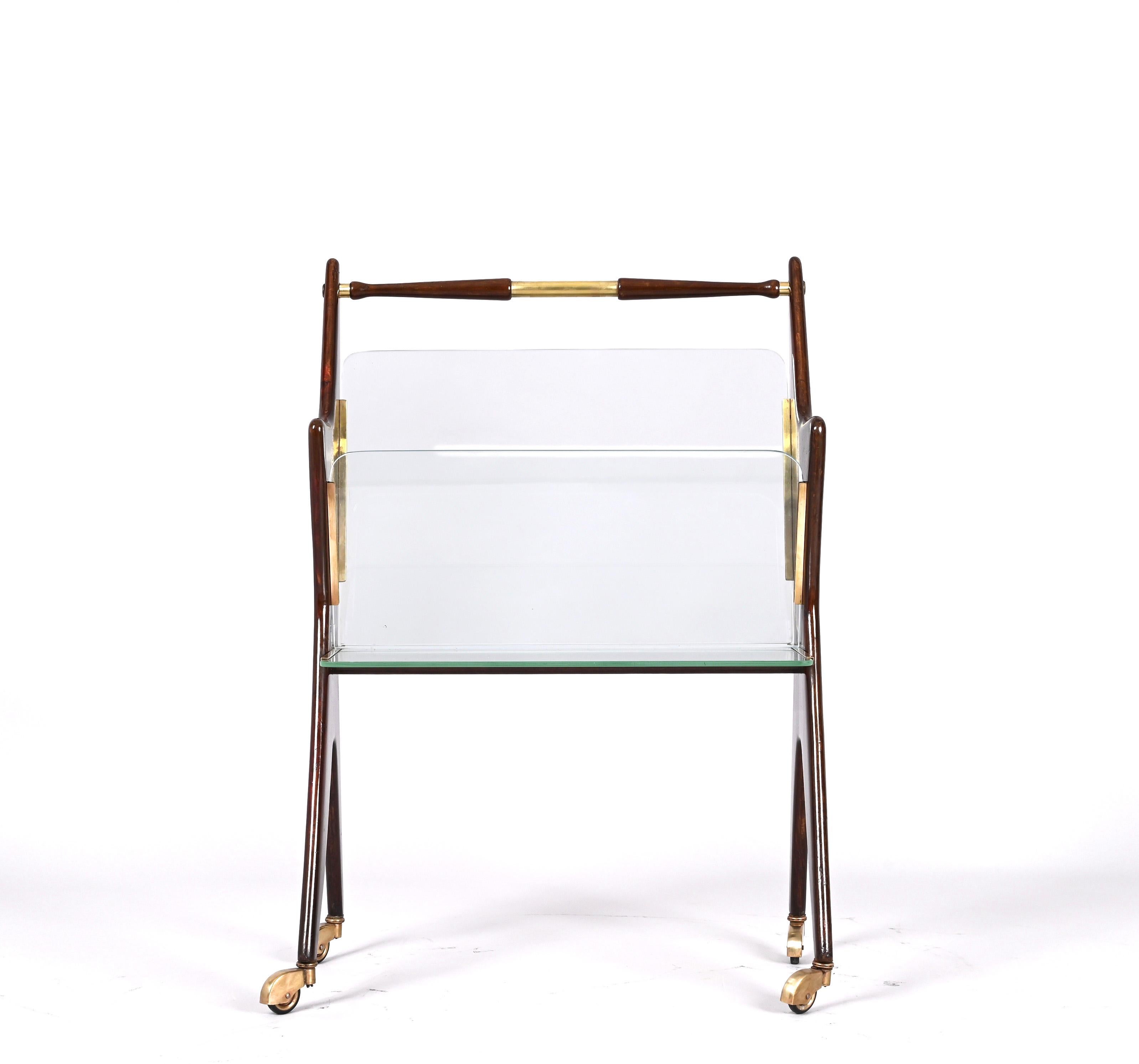 Midcentury Cesare Lacca Glass and Wood Italian Magazine Rack with Wheels, 1950s 3