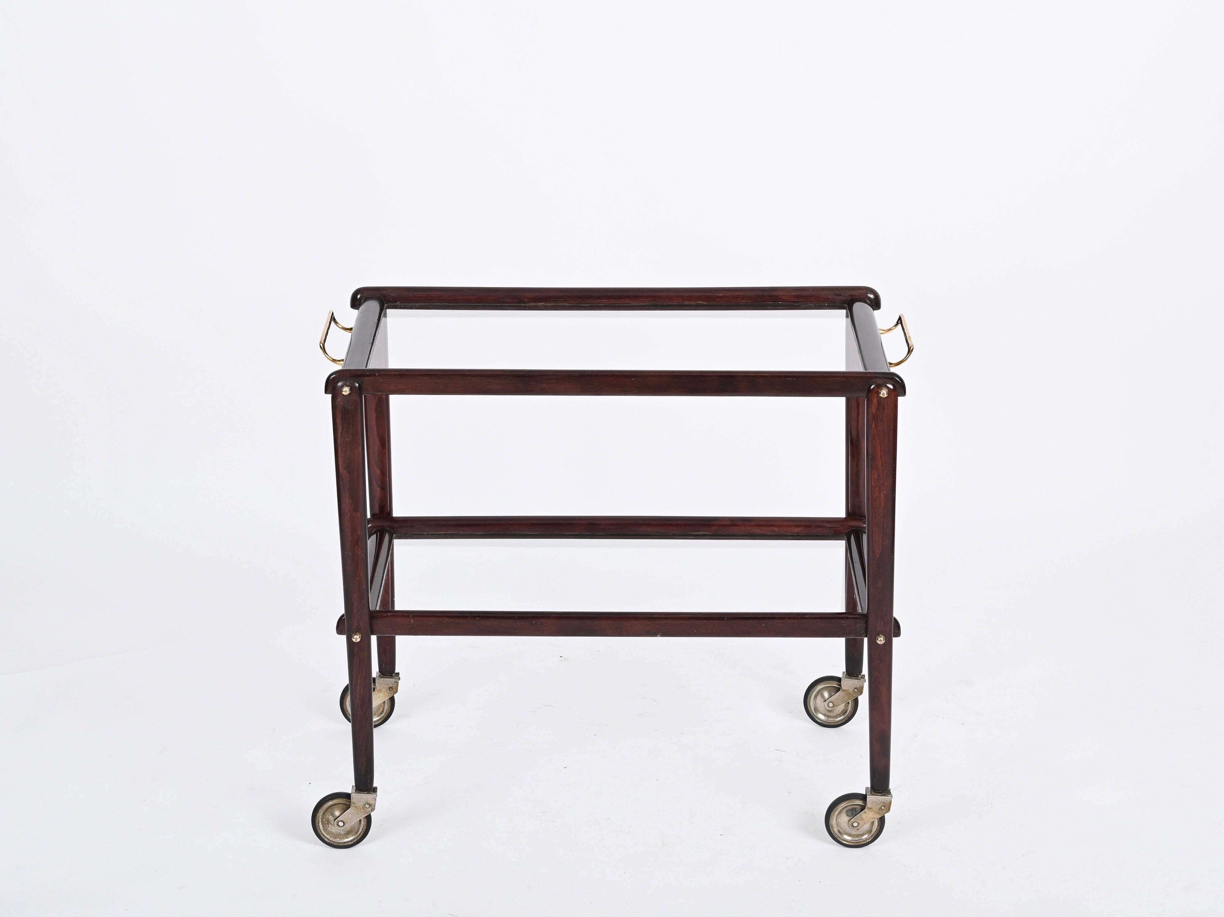 Cesare Lacca Italienischer Servierwagen aus der Mitte des Jahrhunderts, Barwagen aus Holz und Glas, 1950 (Moderne der Mitte des Jahrhunderts) im Angebot