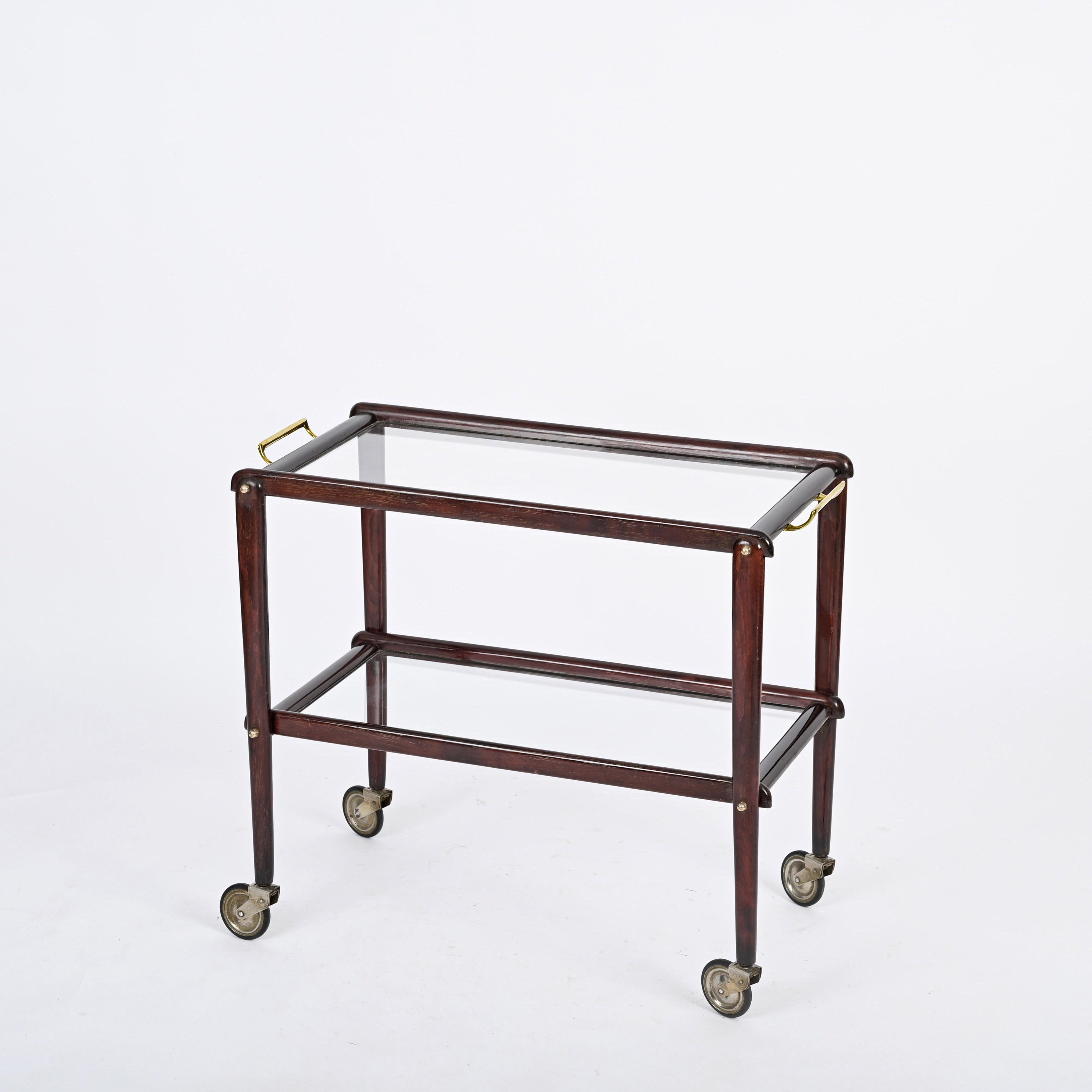 Cesare Lacca Italienischer Servierwagen aus der Mitte des Jahrhunderts, Barwagen aus Holz und Glas, 1950 (20. Jahrhundert) im Angebot