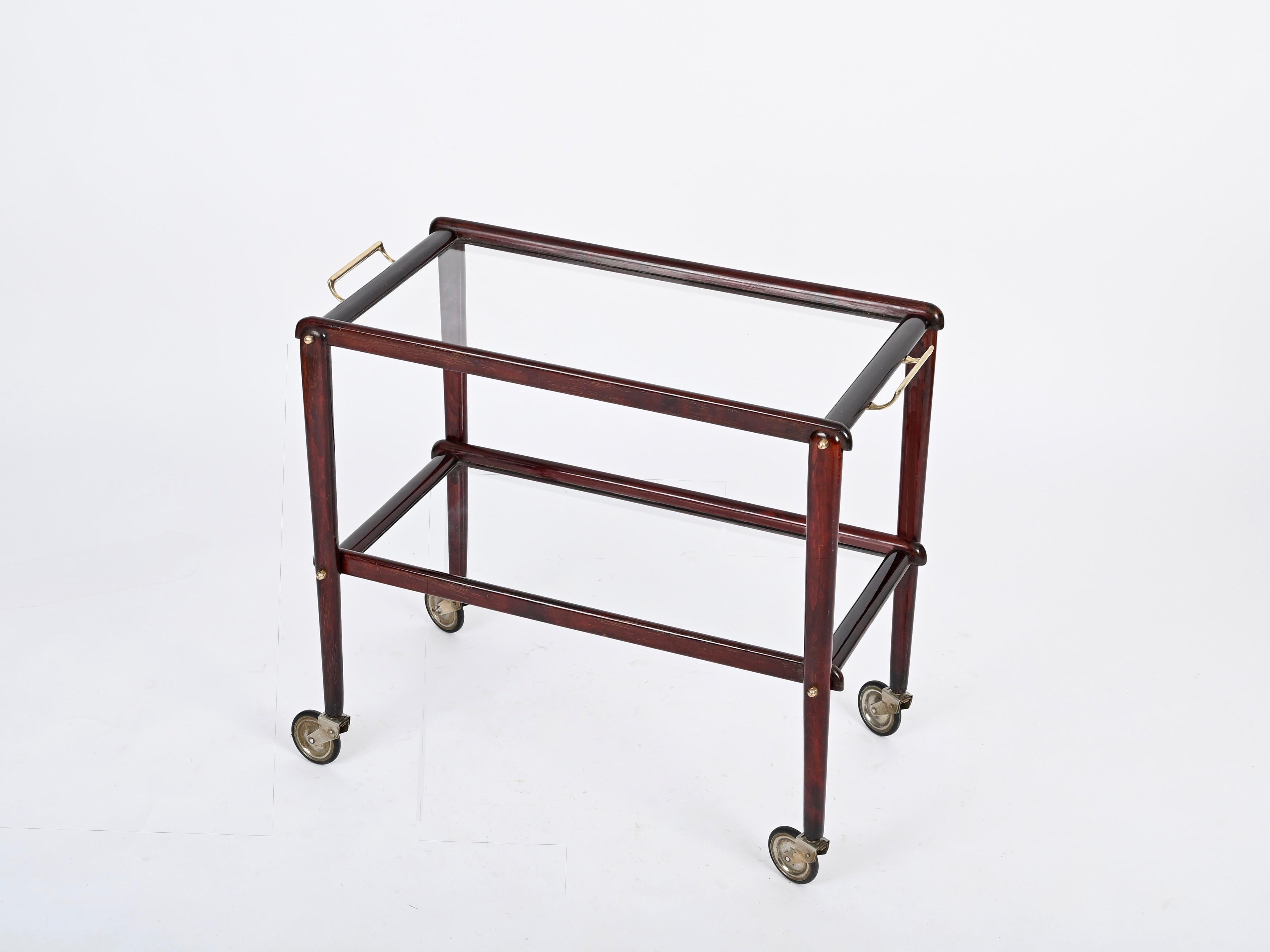 Cesare Lacca Italienischer Servierwagen aus der Mitte des Jahrhunderts, Barwagen aus Holz und Glas, 1950 im Angebot 1