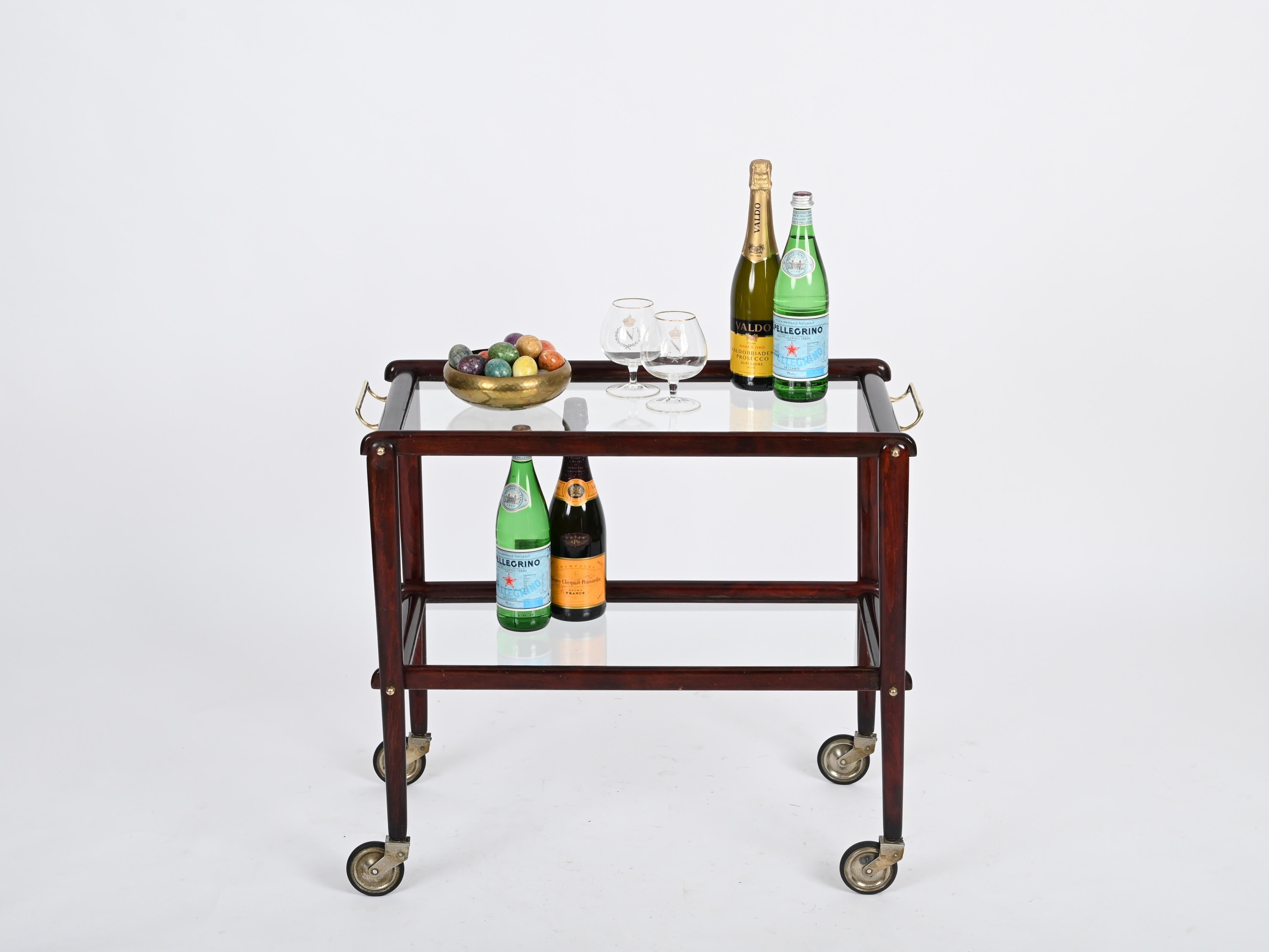 Cesare Lacca Italienischer Servierwagen aus der Mitte des Jahrhunderts, Barwagen aus Holz und Glas, 1950 im Angebot 3