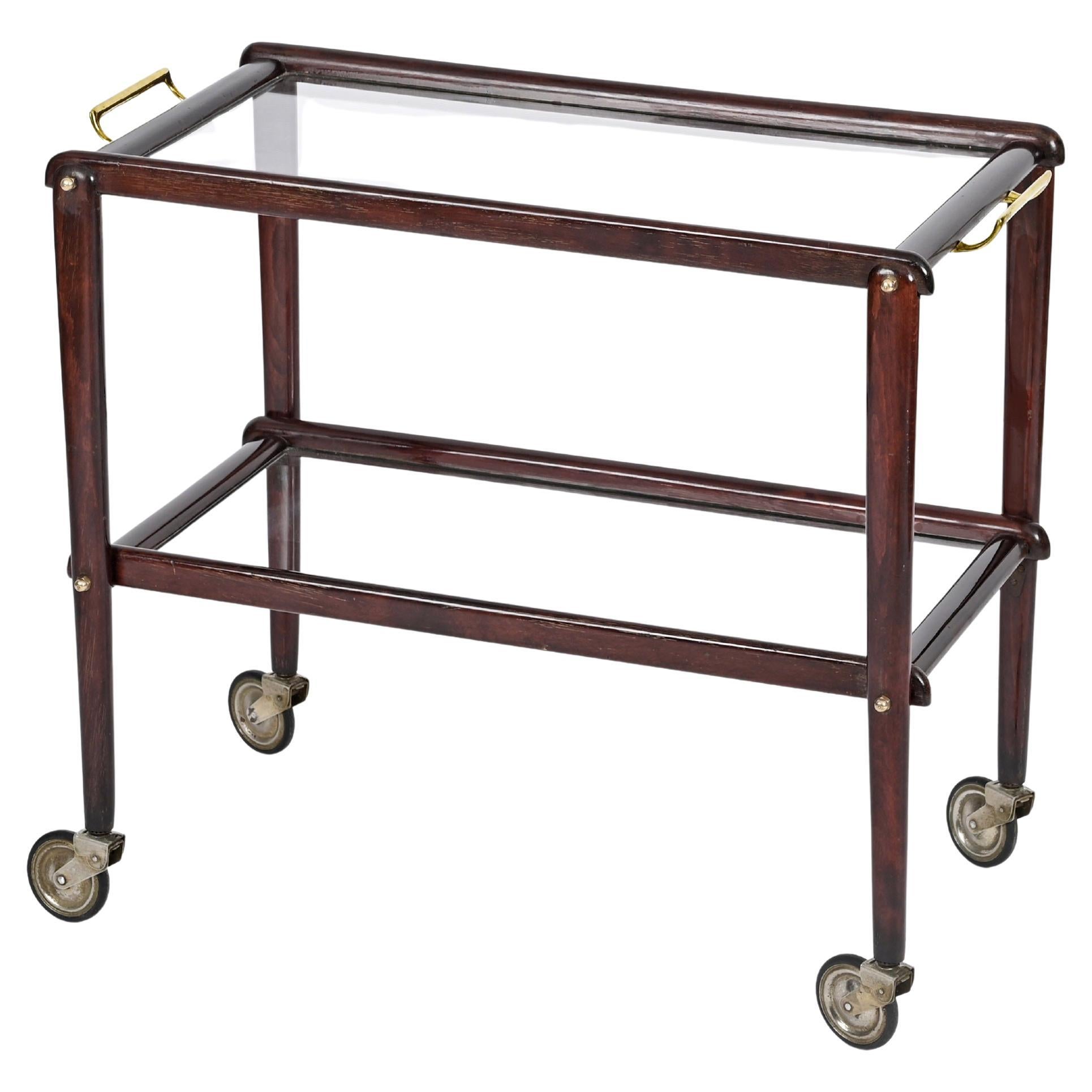 Cesare Lacca Italienischer Servierwagen aus der Mitte des Jahrhunderts, Barwagen aus Holz und Glas, 1950 im Angebot