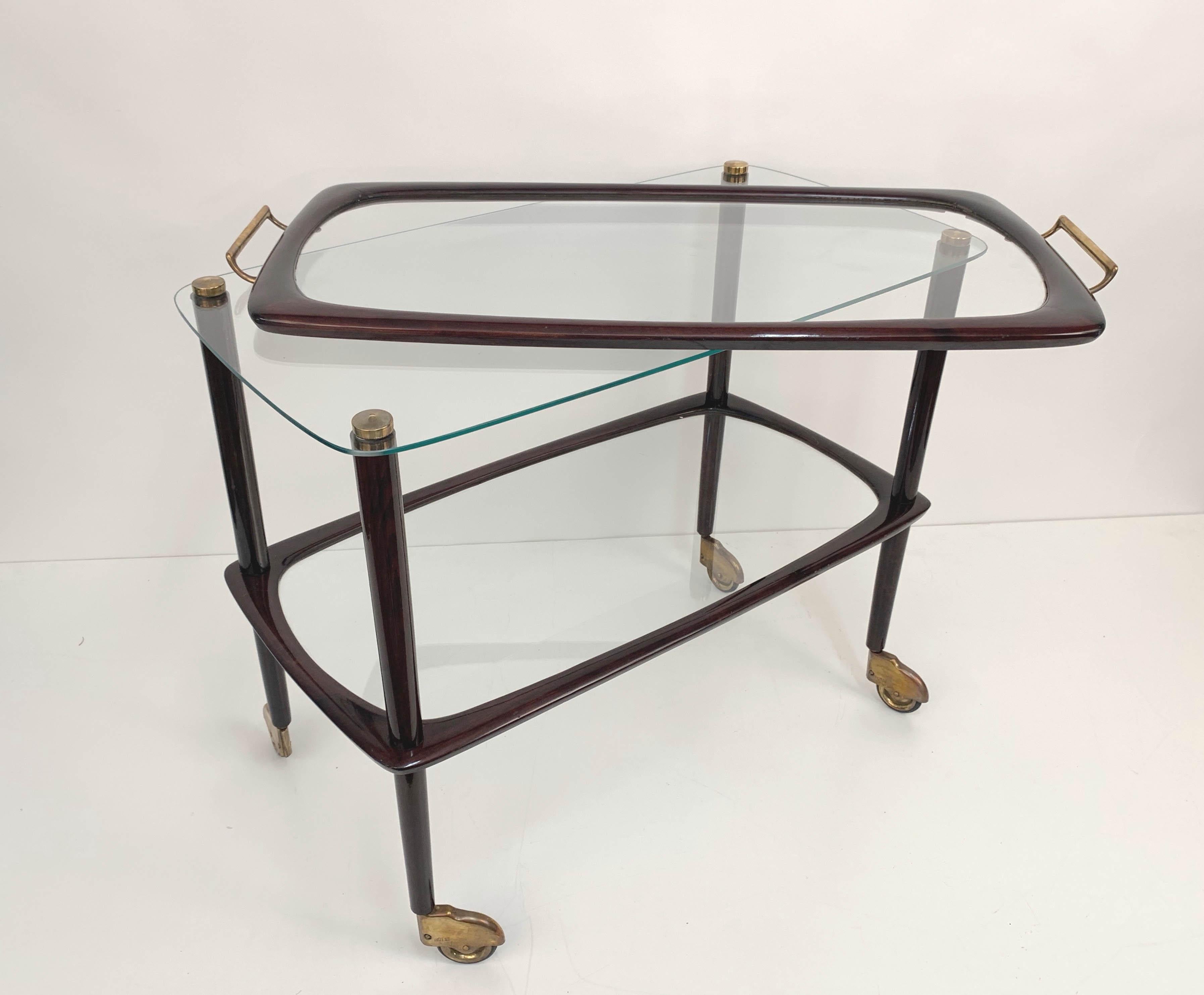 Midcentury Cesare Lacca Wood Italian Bar Cart with Glass Serving Tray, 1950s For Sale 4