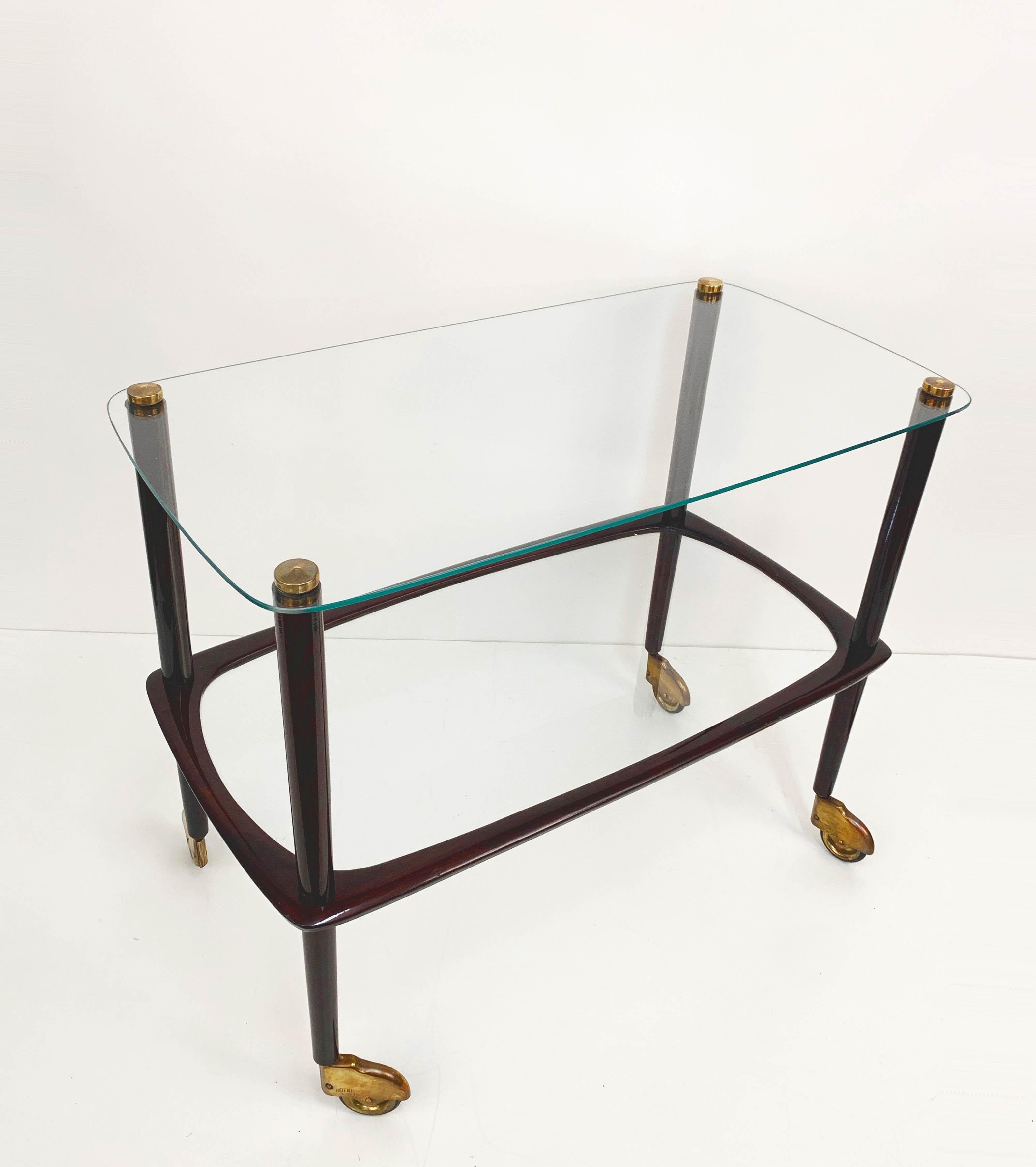 Carrello da bar italiano in Wood Wood di Cesare Lacca con vassoio di vetro, anni '50 5