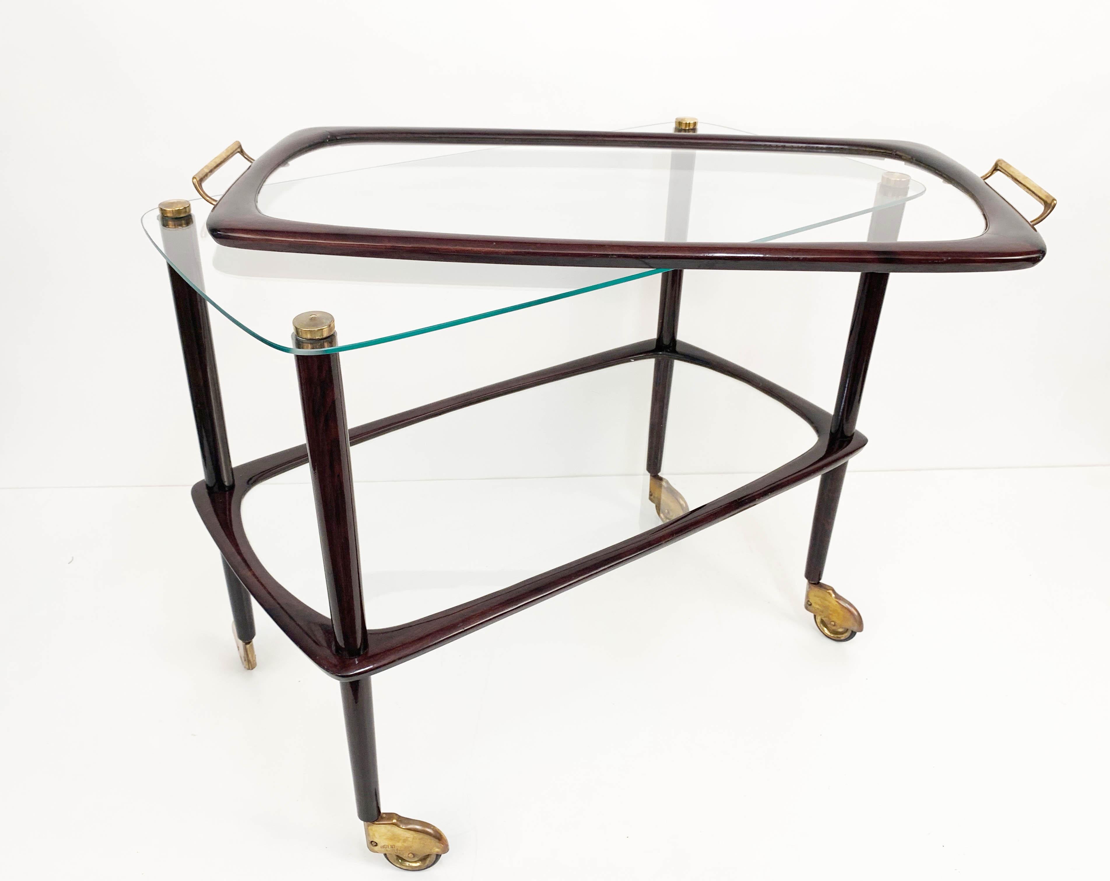 Midcentury Cesare Lacca Wood Italian Bar Cart with Glass Serving Tray, 1950s For Sale 8