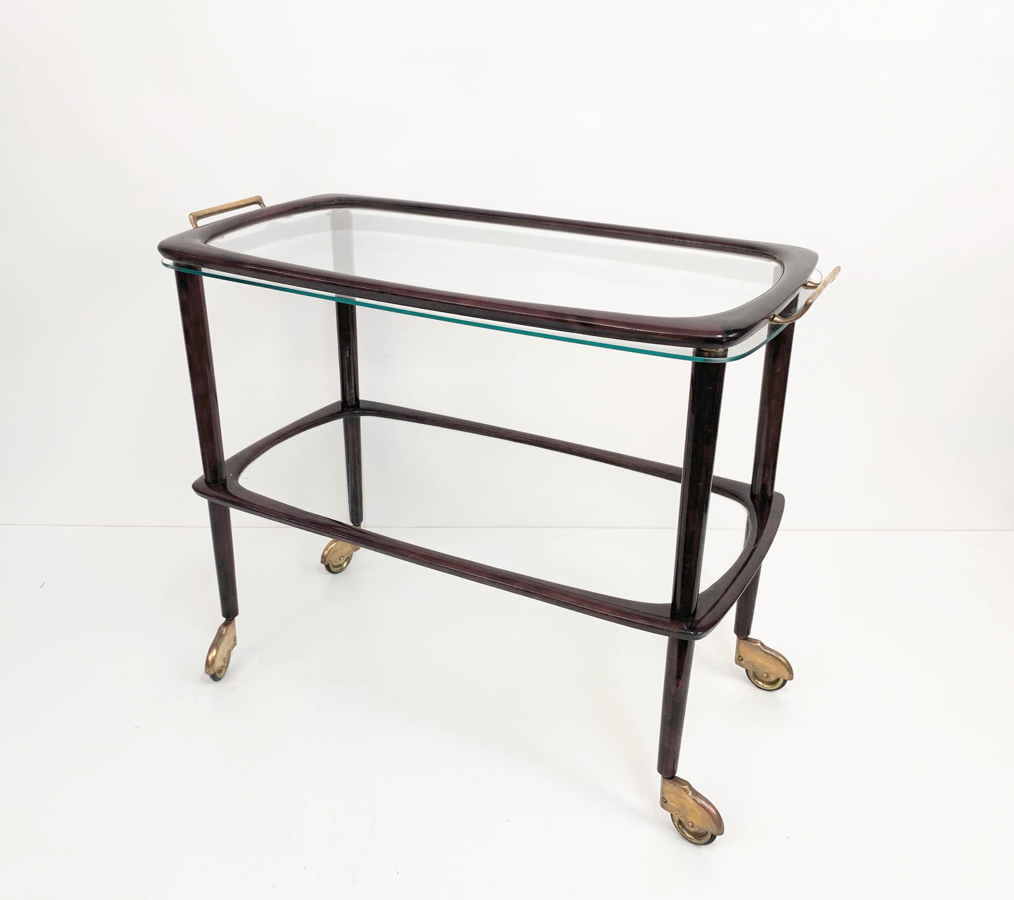 Carrello da bar italiano in Wood Wood di Cesare Lacca con vassoio di vetro, anni '50 8