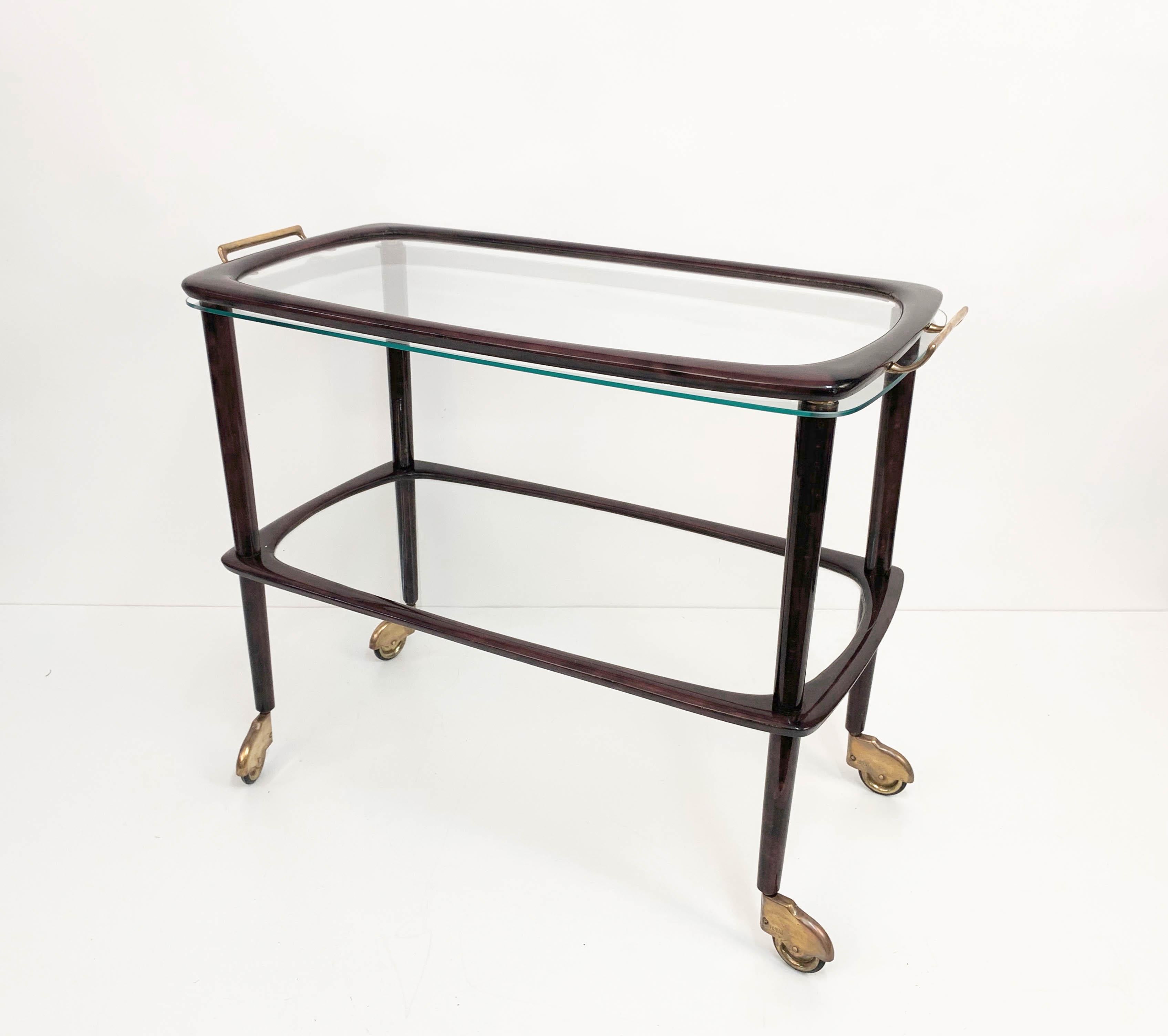 Midcentury Cesare Lacca Wood Italian Bar Cart with Glass Serving Tray, 1950s For Sale 9