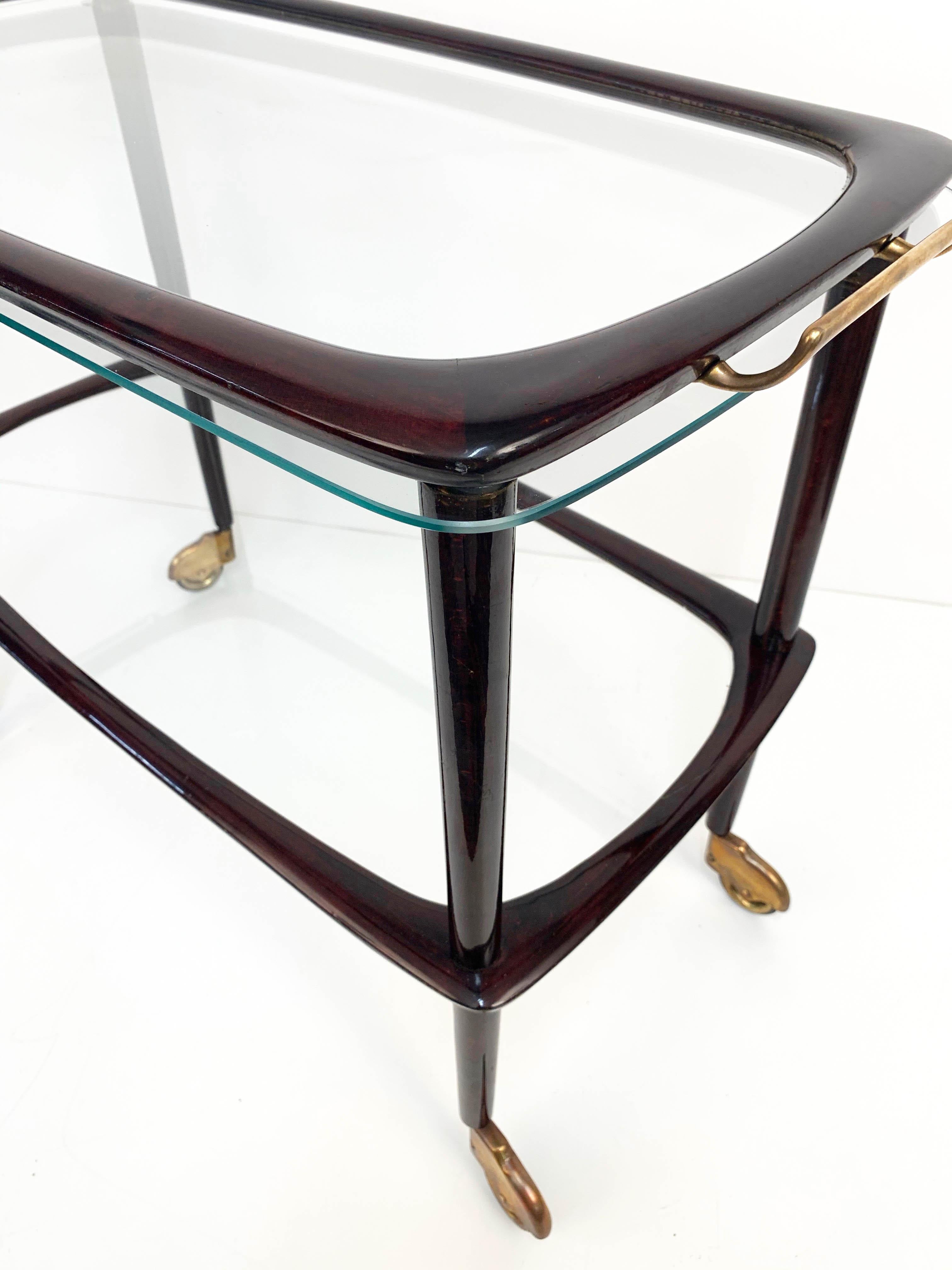 Midcentury Cesare Lacca Wood Italian Bar Cart with Glass Serving Tray, 1950s For Sale 10