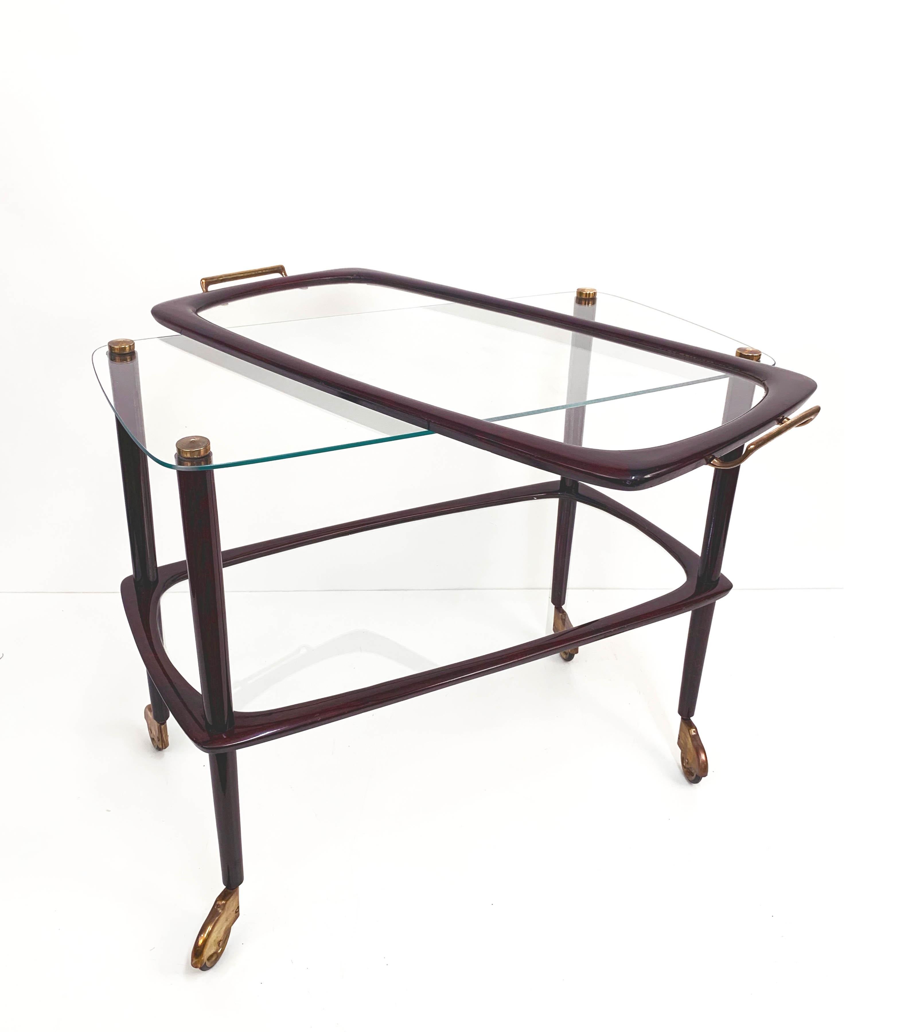 Mid-Century Modern Midcentury Cesare Lacca Wood Italian Bar Cart with Glass Serving Tray, 1950s For Sale