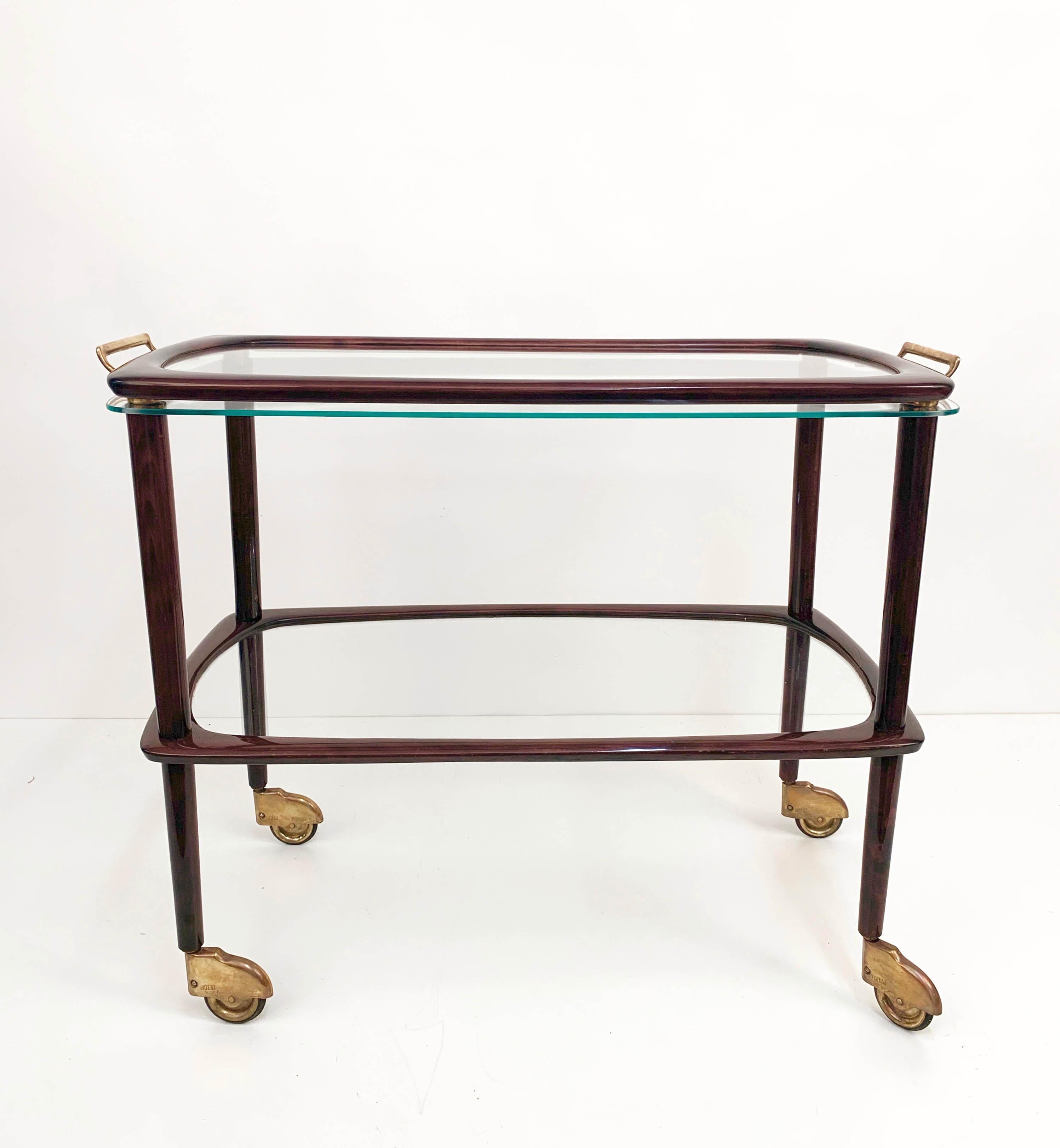 Midcentury Cesare Lacca Wood Italian Bar Cart with Glass Serving Tray, 1950s In Good Condition For Sale In Roma, IT