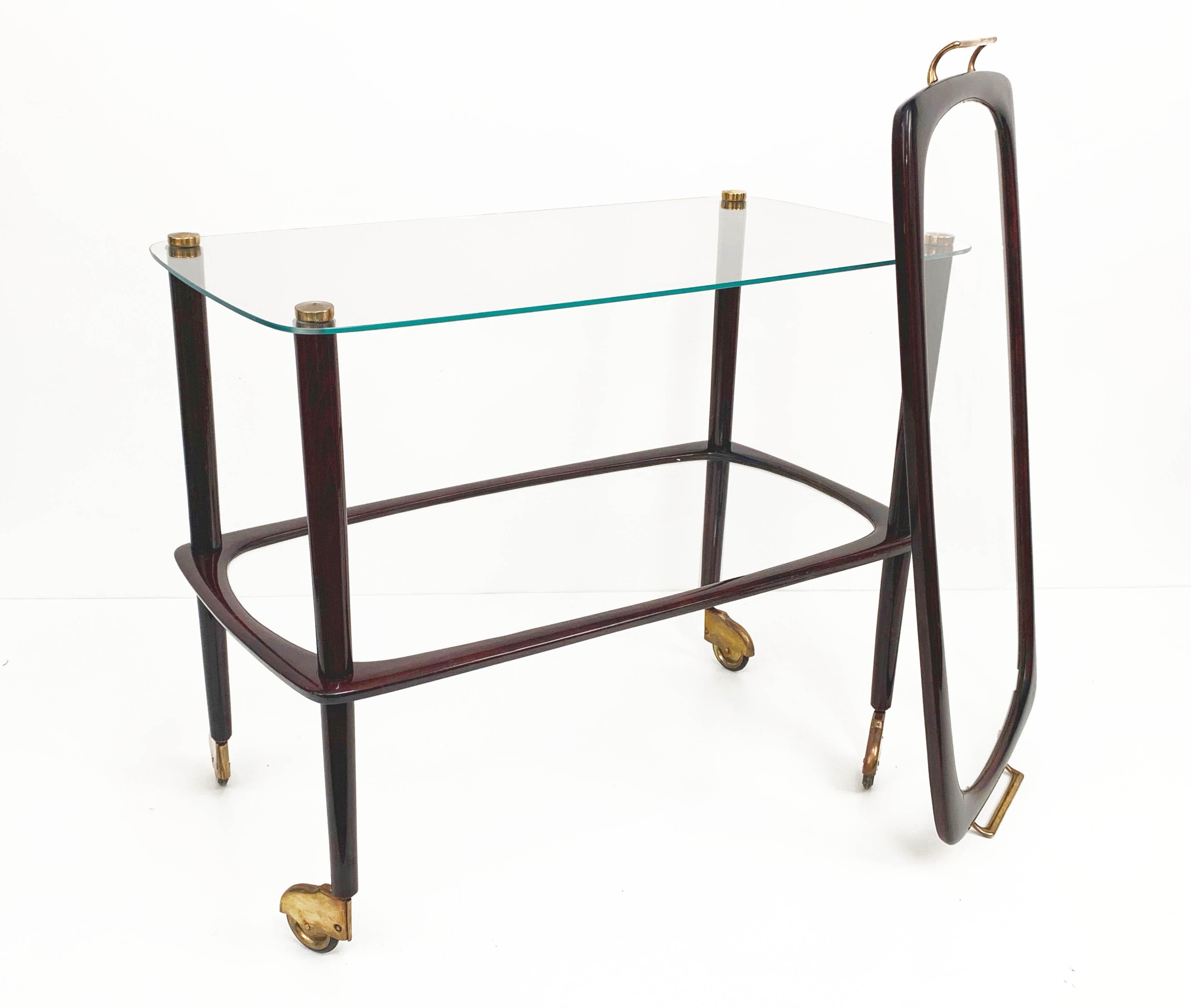 Mid-20th Century Midcentury Cesare Lacca Wood Italian Bar Cart with Glass Serving Tray, 1950s For Sale