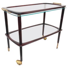 Midcentury Cesare Lacca Wood Italian Bar Cart with Glass Serving Tray, 1950s