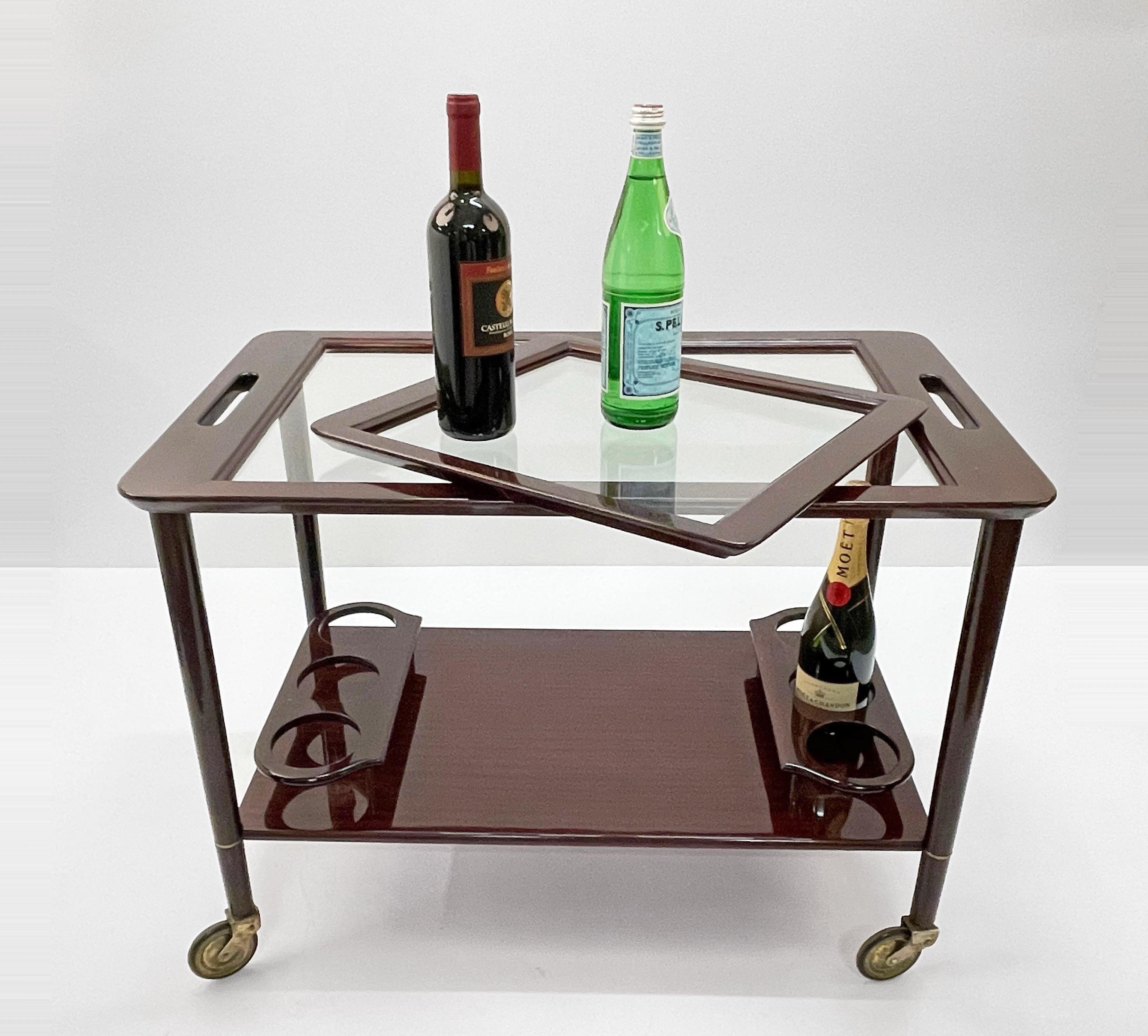 Midcentury Cesare Lacca Wood Italian Bar Cart with Glass Serving Trays 1950s 4