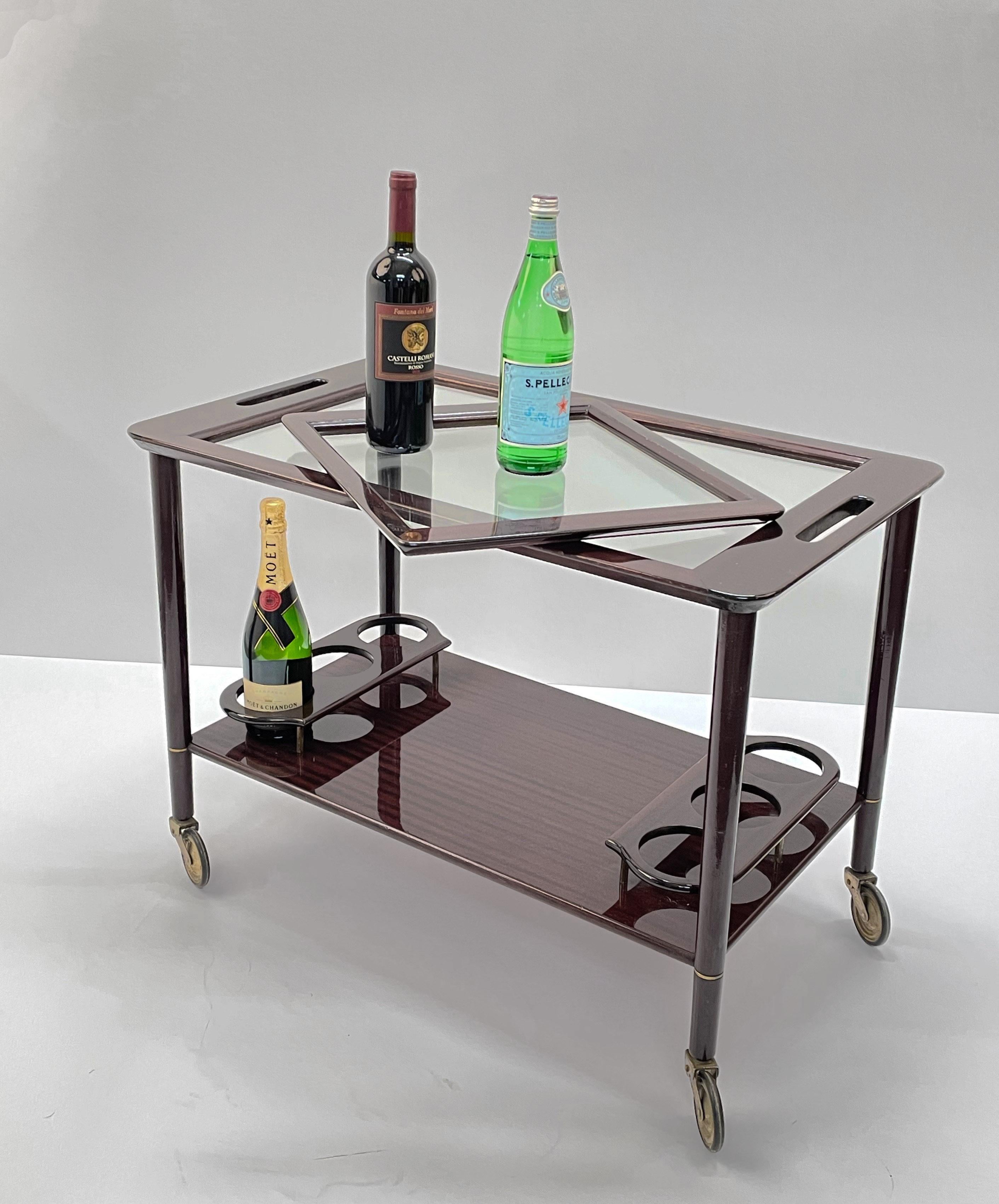 Midcentury Cesare Lacca Wood Italian Bar Cart with Glass Serving Trays 1950s 5