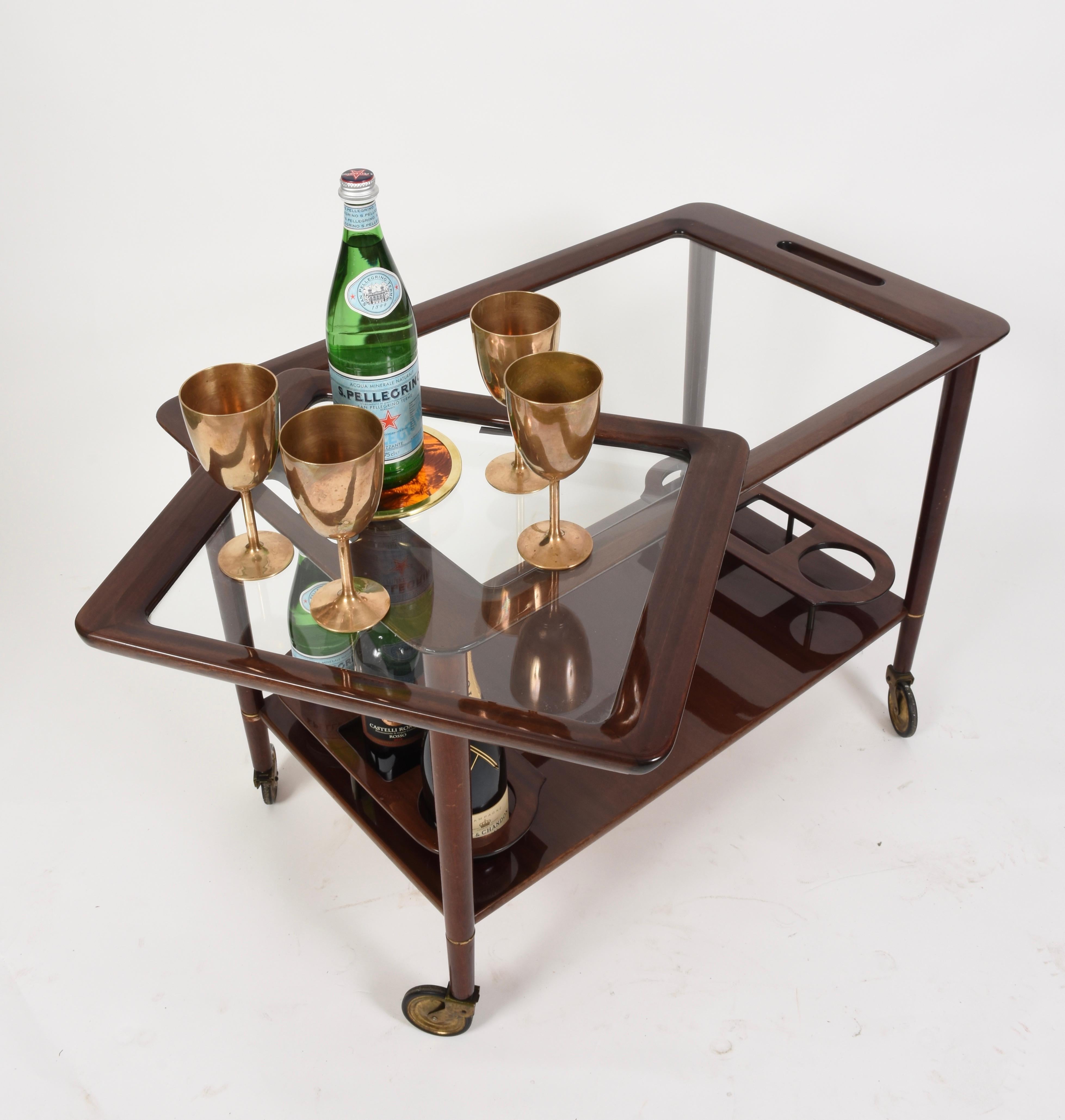 Midcentury Cesare Lacca Wood Italian Bar Cart with Glass Serving Trays 1950s 6