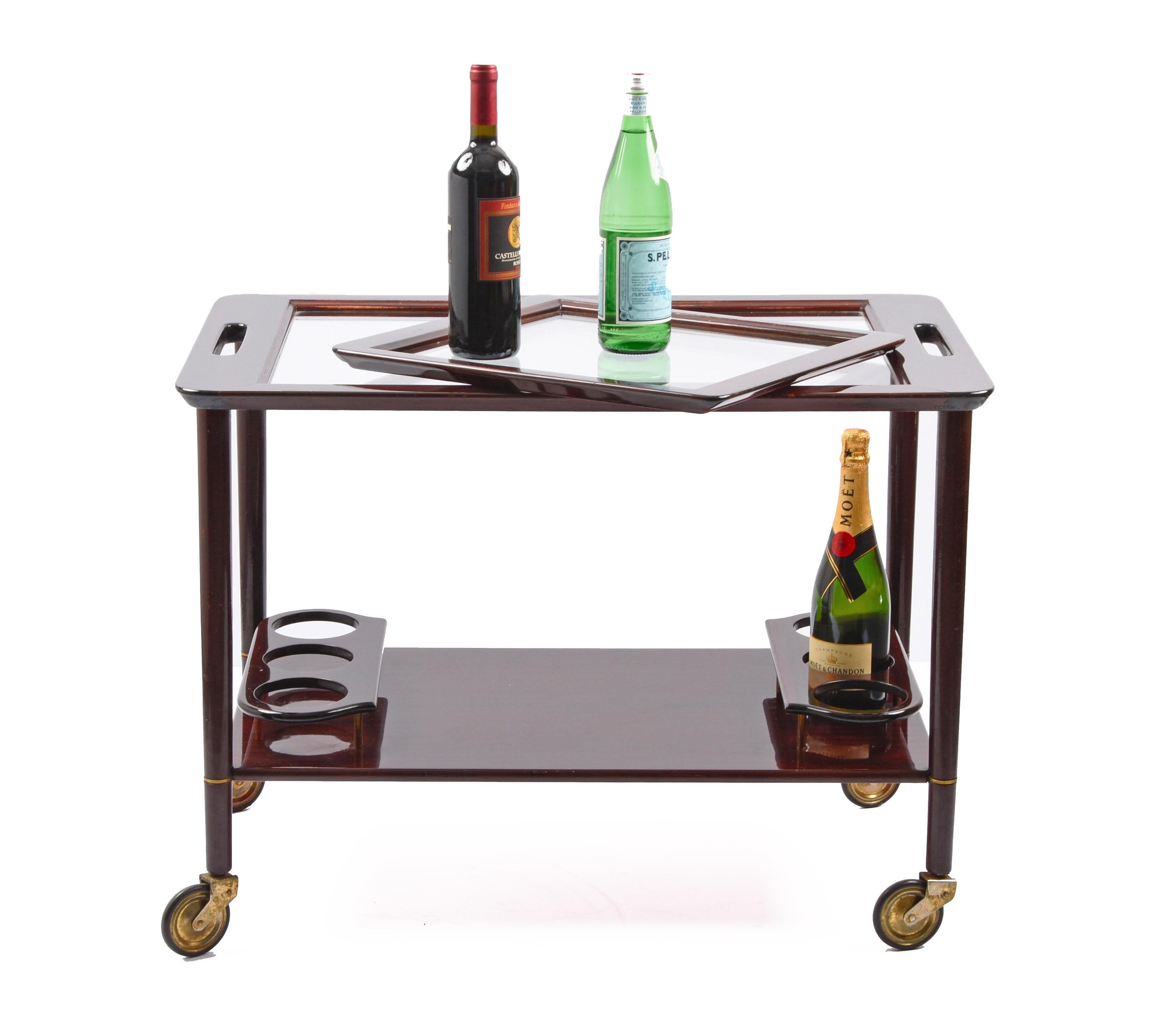 Midcentury Cesare Lacca Wood Italian Bar Cart with Glass Serving Trays 1950s 7
