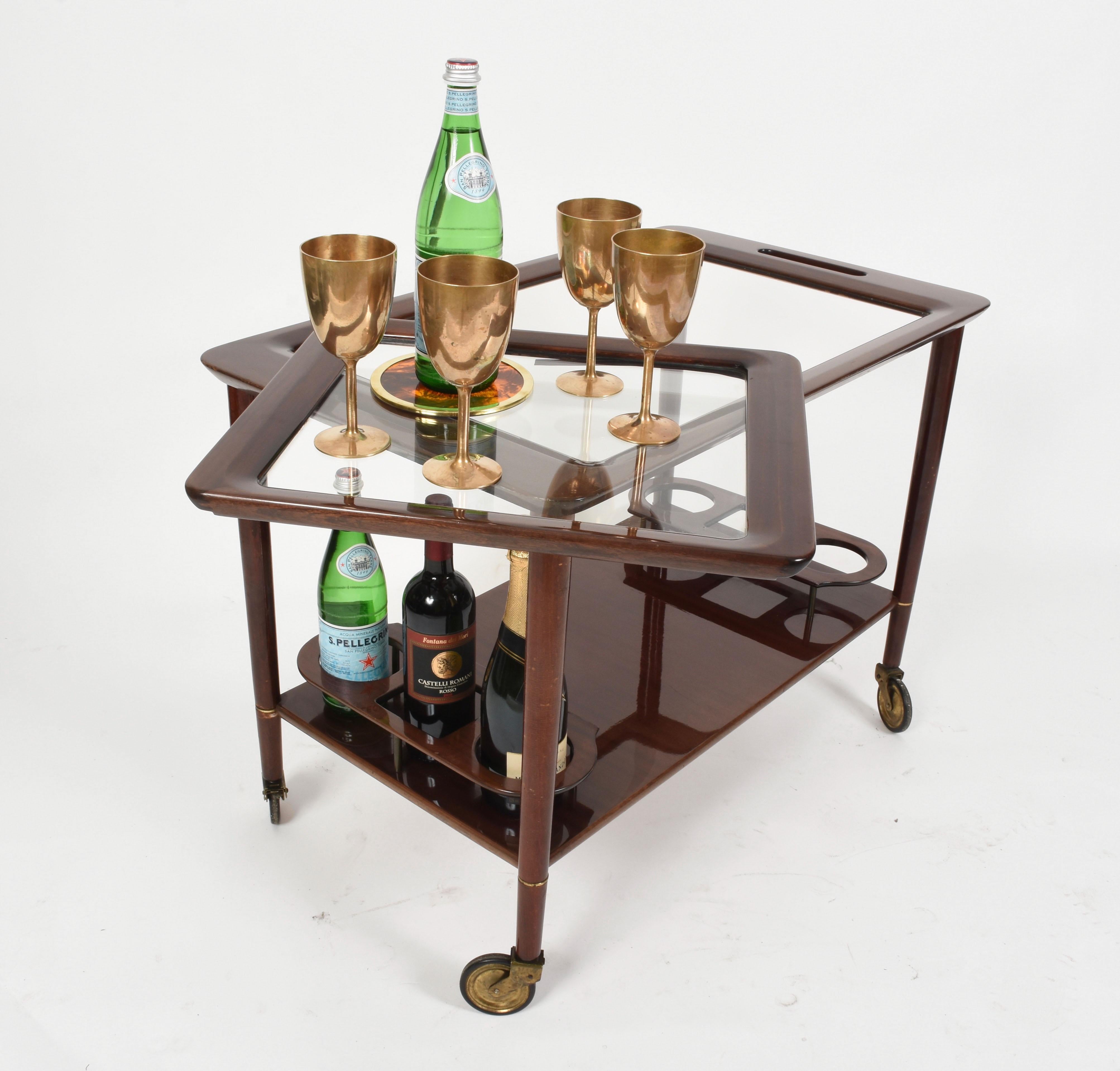 Midcentury Cesare Lacca Wood Italian Bar Cart with Glass Serving Trays 1950s 8