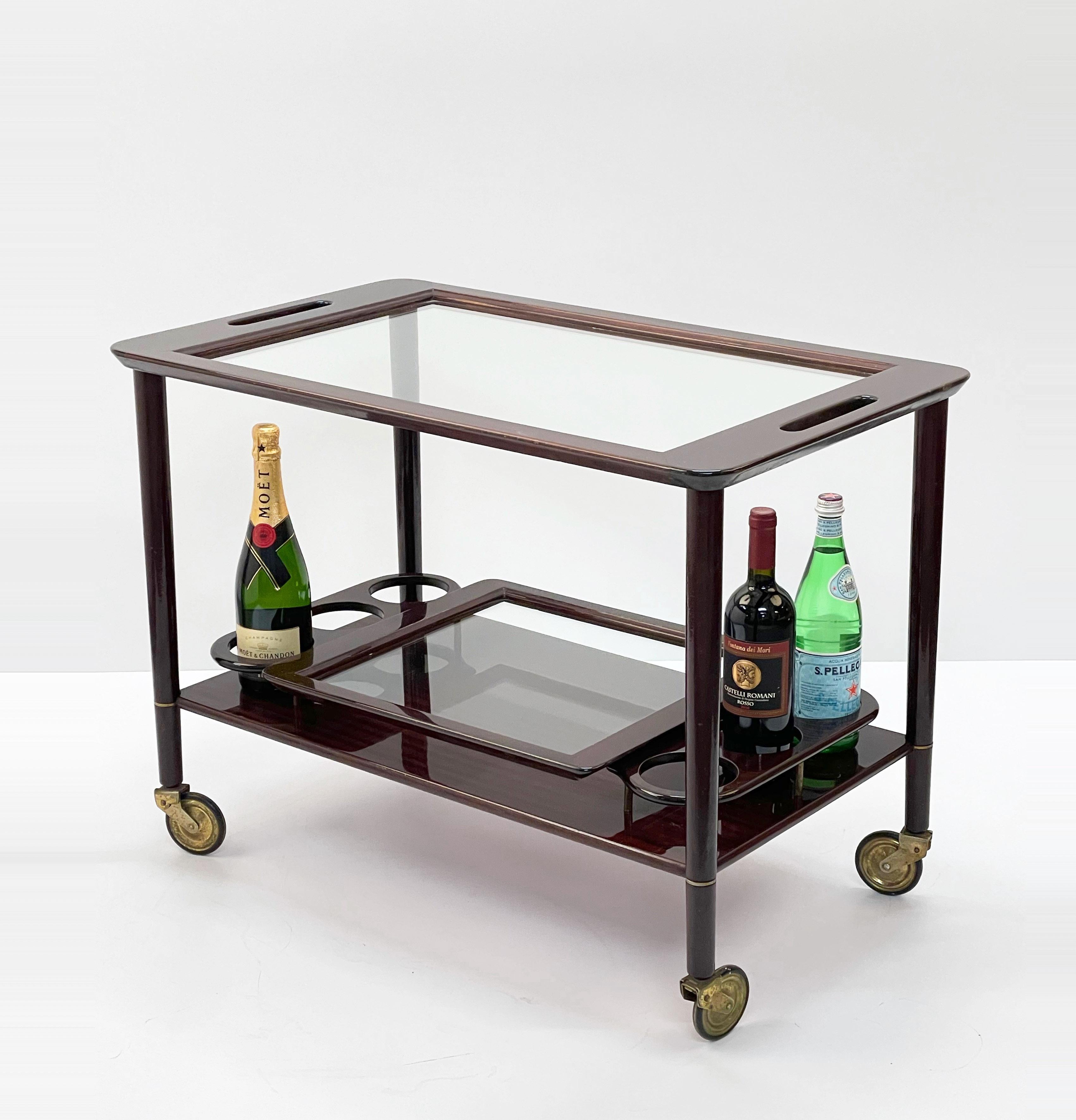 Midcentury Cesare Lacca Wood Italian Bar Cart with Glass Serving Trays 1950s 9