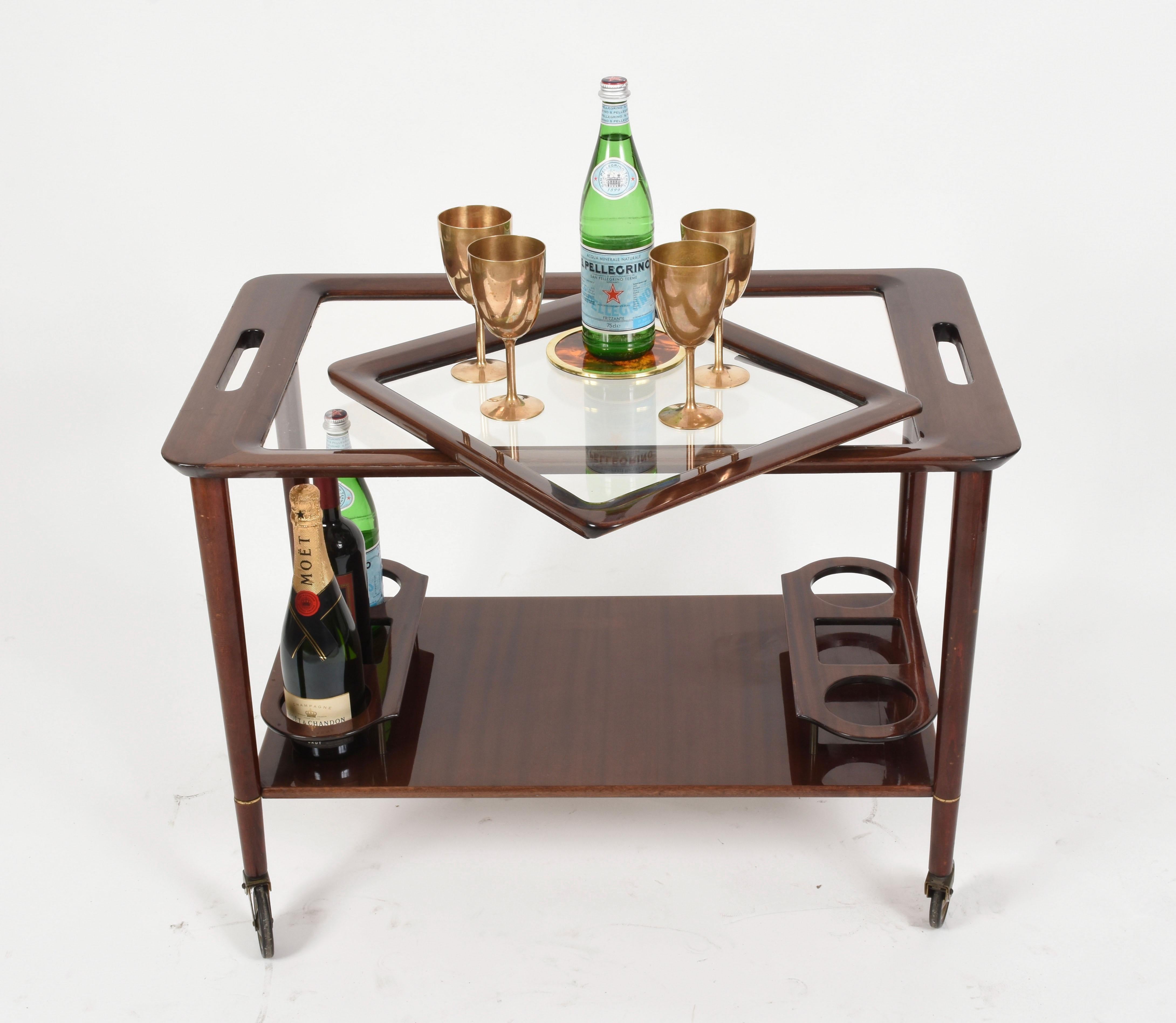 Midcentury Cesare Lacca Wood Italian Bar Cart with Glass Serving Trays 1950s 12
