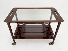 Midcentury Cesare Lacca Wood Italian Bar Cart with Glass Serving Trays 1950s