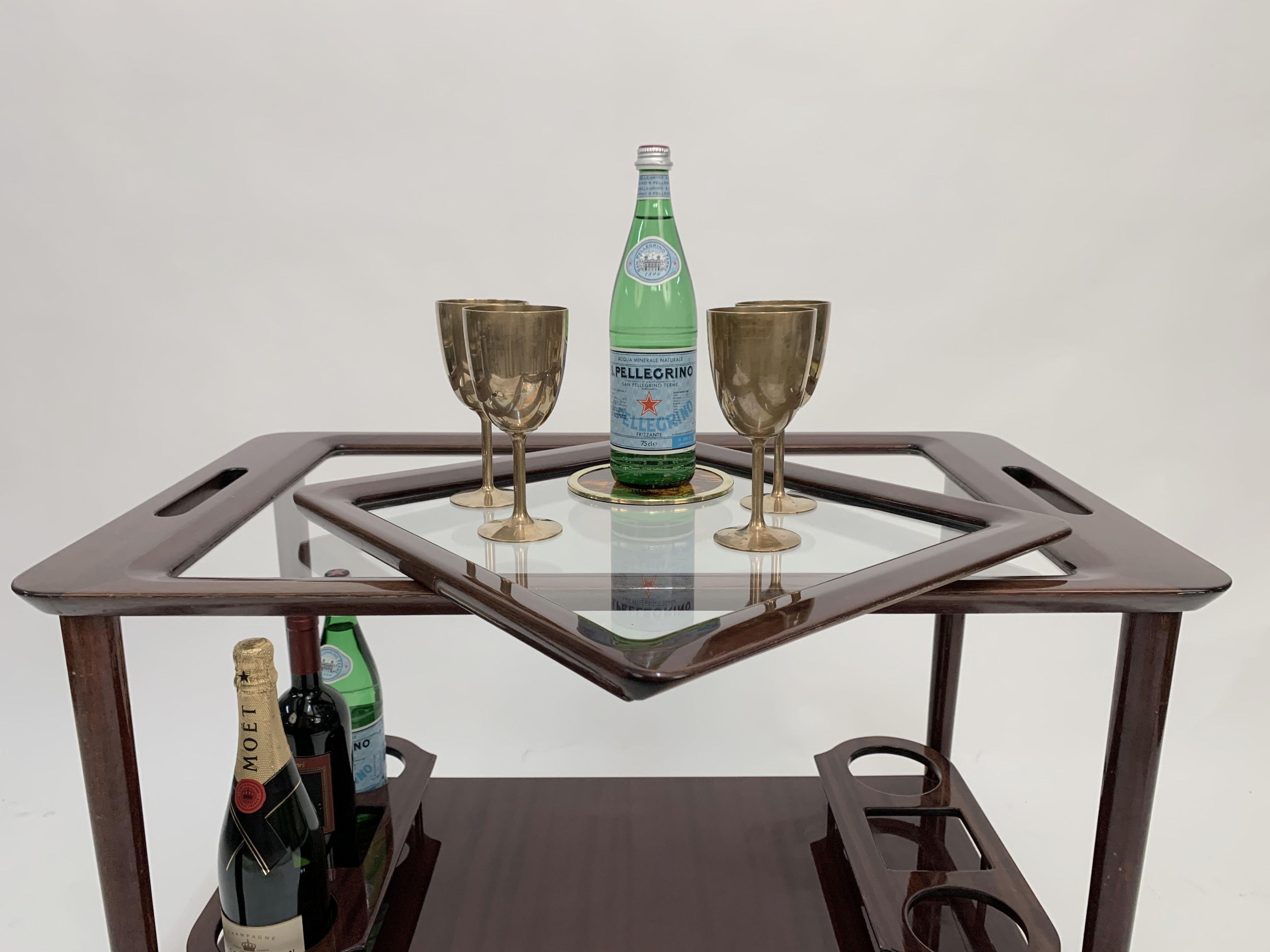 Midcentury Cesare Lacca Wood Italian Bar Cart with Glass Serving Trays 1950s 13